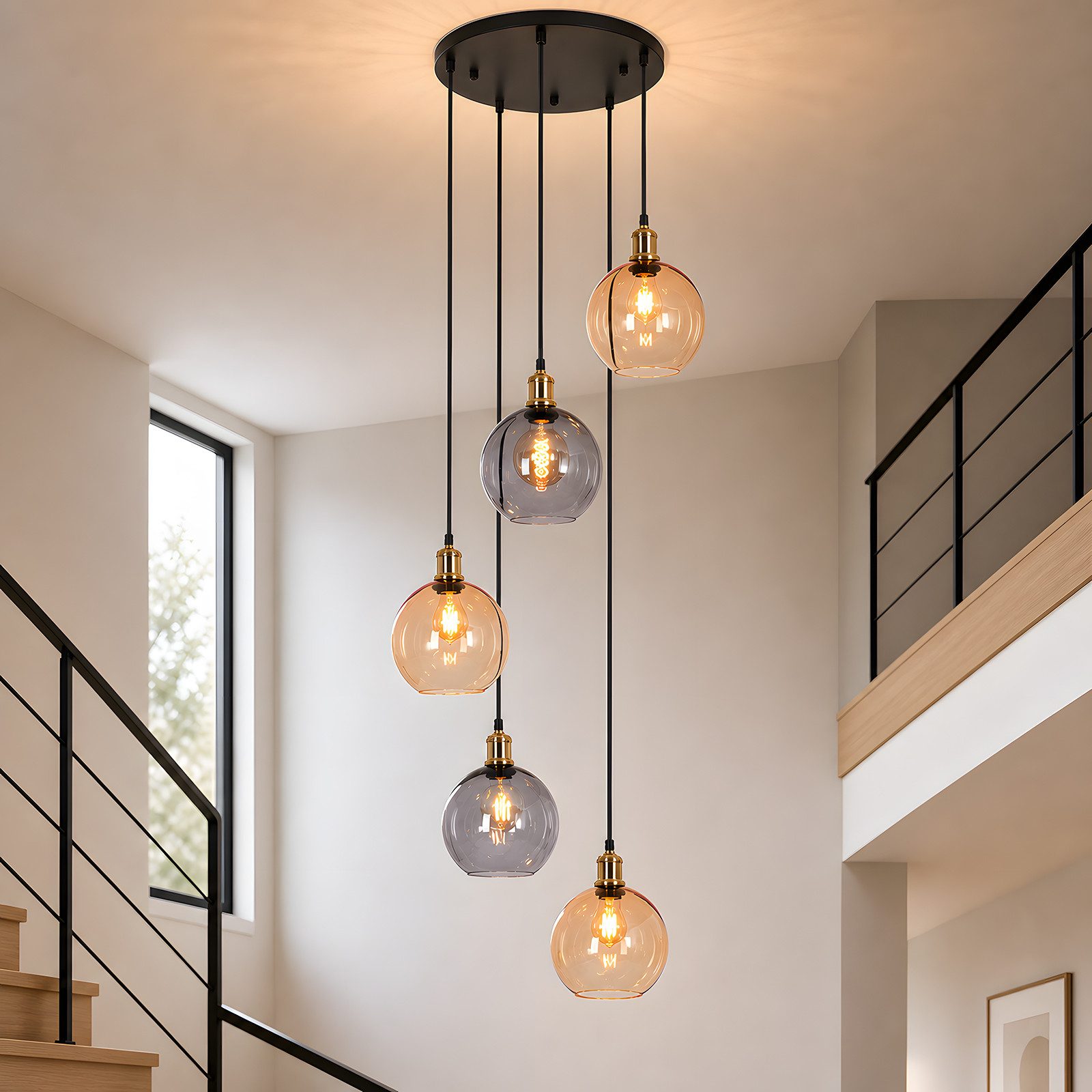 Nettlife Pendelleuchte Treppenhaus Hängelampe Esstisch 5/7flammig 160/190cm, ohne Leuchtmittel, Buntglas Hängeleuchte für Villa Wohnzimmer Flur Galerie hohe Räume