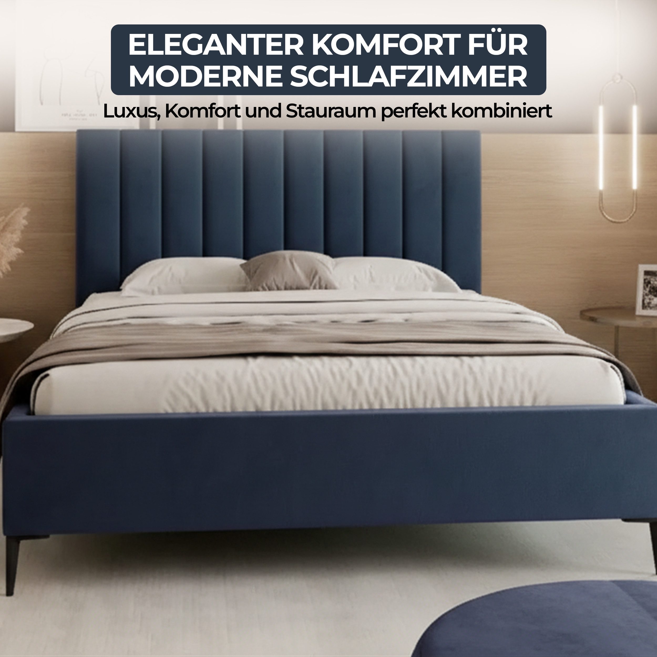 Goldstoff Polsterbett Elegantes Bett "AUREO" mit hohem Kopfteil & Stauraum für Schlafzimmer (120–200x200 cm, Kopfteilhöhe: 90/110 cm, Seitenhöhe: 25/40 cm), Modernes Bett mit Stauraum & gepolstertem Kopfteil in elegantem Design