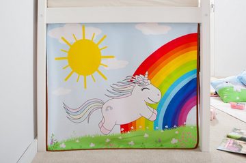 Ticaa Hochbett Hochbett "Einhorn Rainbow" inkl. Zubehör Kiefer (Komplett-Set, Inklusive Textil-Zubehör) Mit Vorhang und Zubehör
