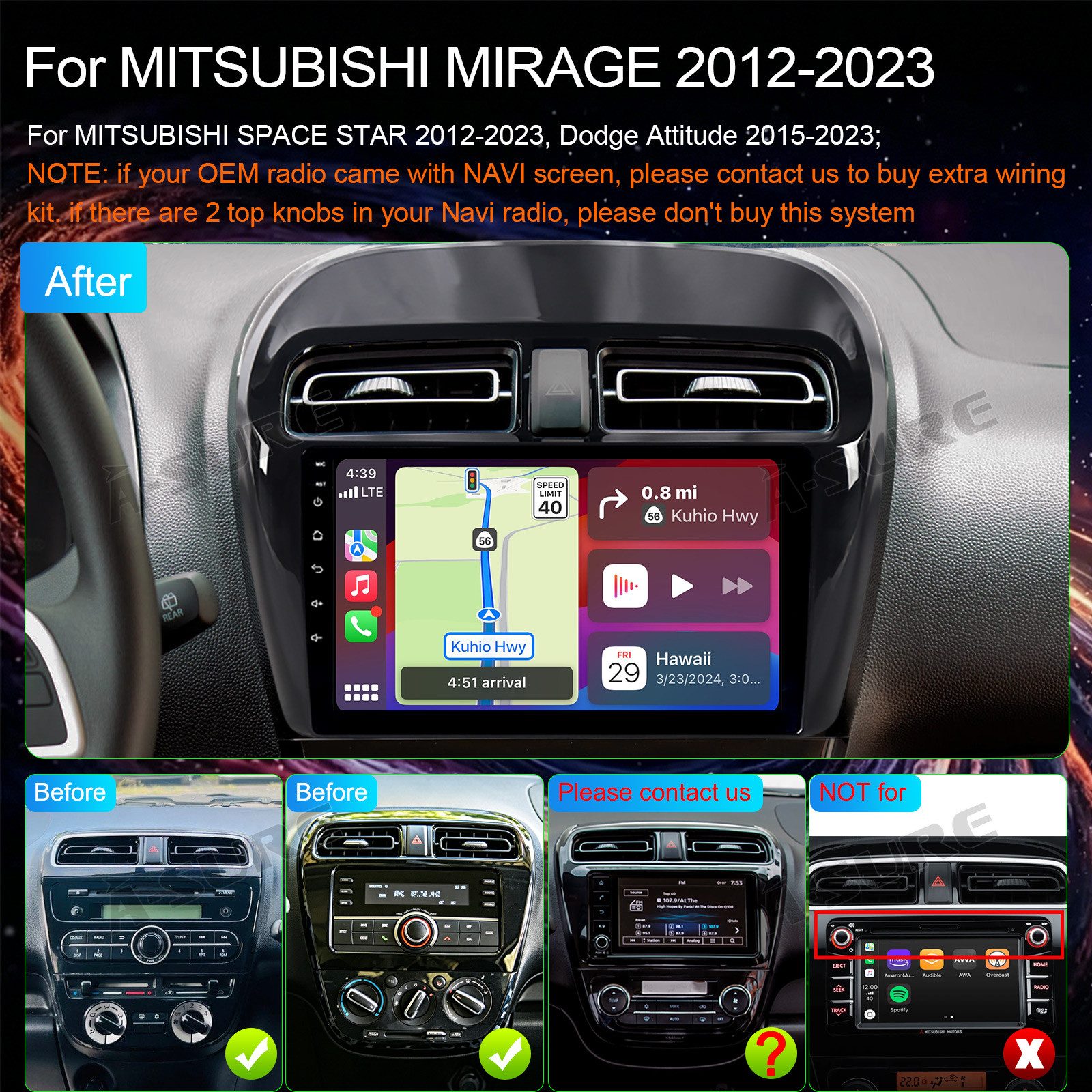 A-Sure Apple Carplay Android Auto Bluetooth Für Mitsubishi Space Star 2012-23 Autoradio (5s Schnellstart/1280*720 Screen/Apple Carplay/Android Auto/Bluetooth)