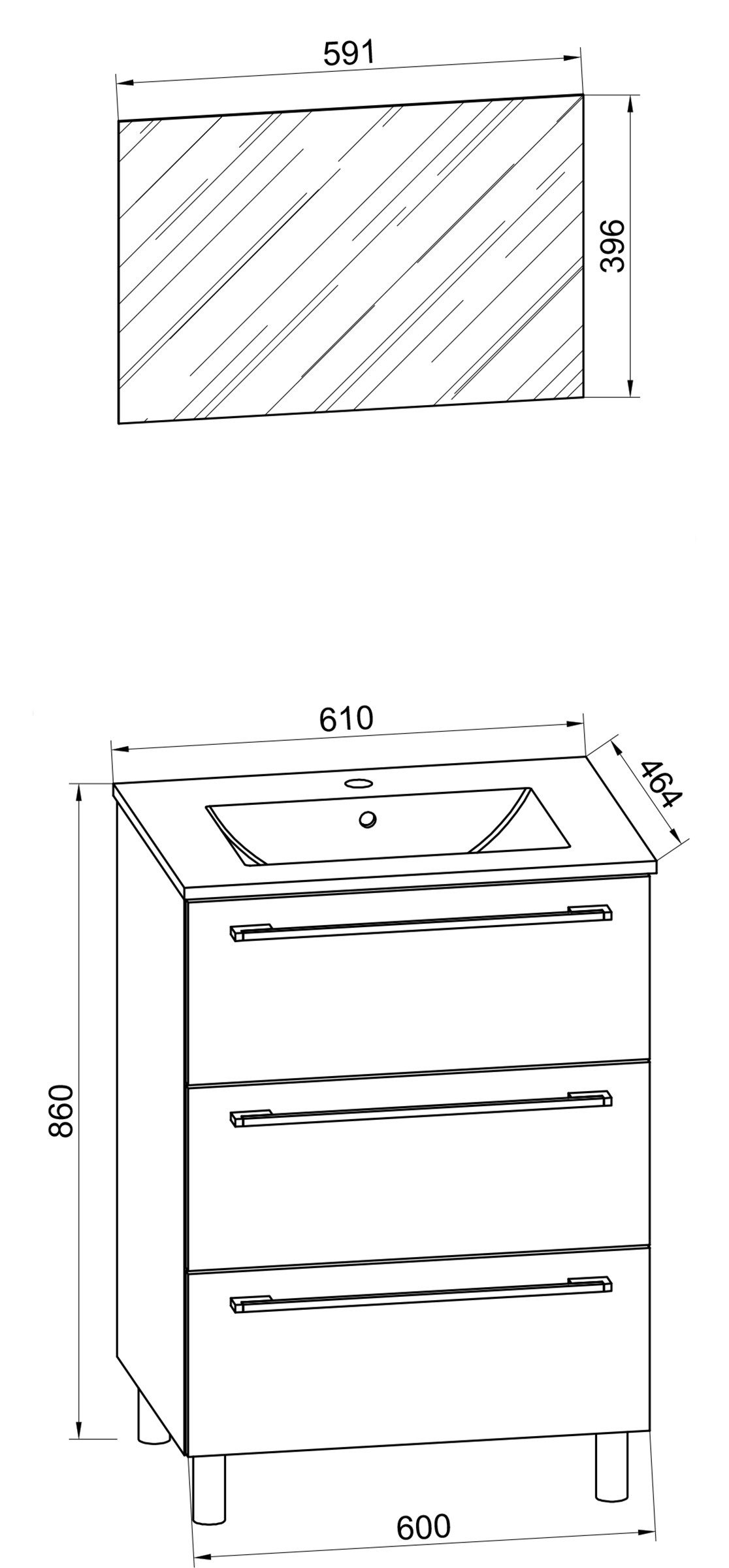 VCM Waschtisch 3 teilig Badmöbel-Set Waschplatz Badinos (Set, 3-St., 1x Unterschrank 1x Waschbecken 1x Spiegel), 3-tlg. Waschplatz, Waschbecken Unterschrank Breite 60 cm, Badmöbel