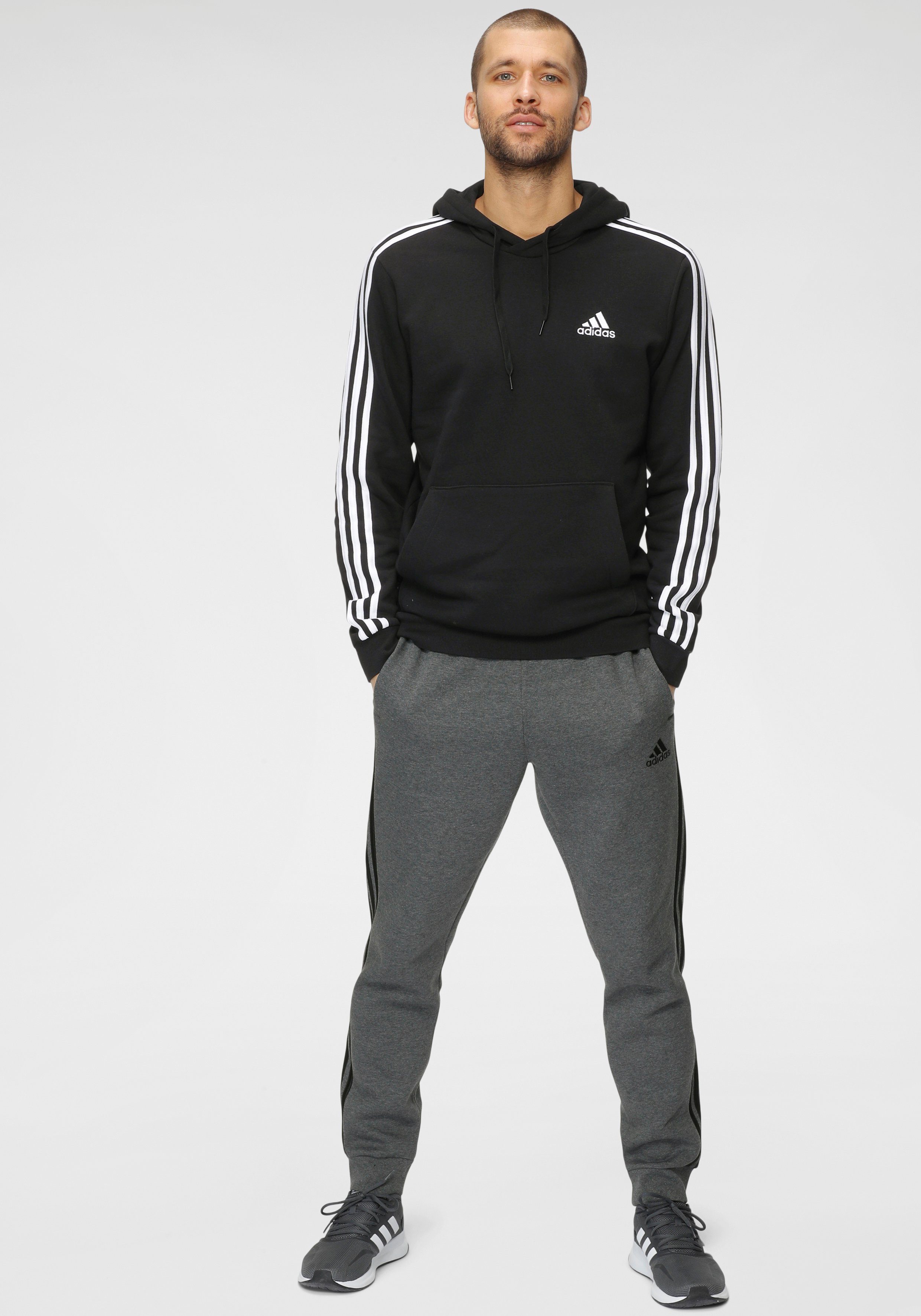 White ESSENTIALS HOODIE / adidas FLEECE Black Sportswear Sweatshirt 3STREIFEN