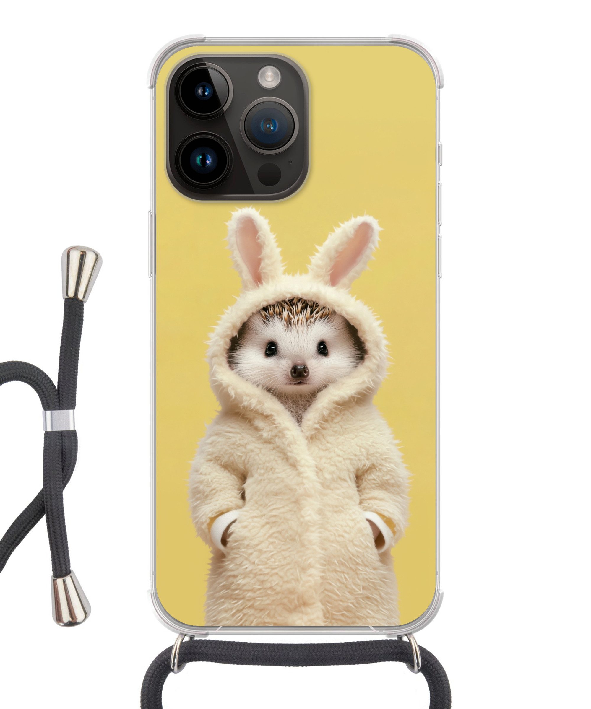 MuchoWow Handyhülle für Apple iPhone 14 Pro Igel - Osterhase - Kostüm, Tragbare Handyhüllen mit Kette zum umhängen, Handykette Handyband