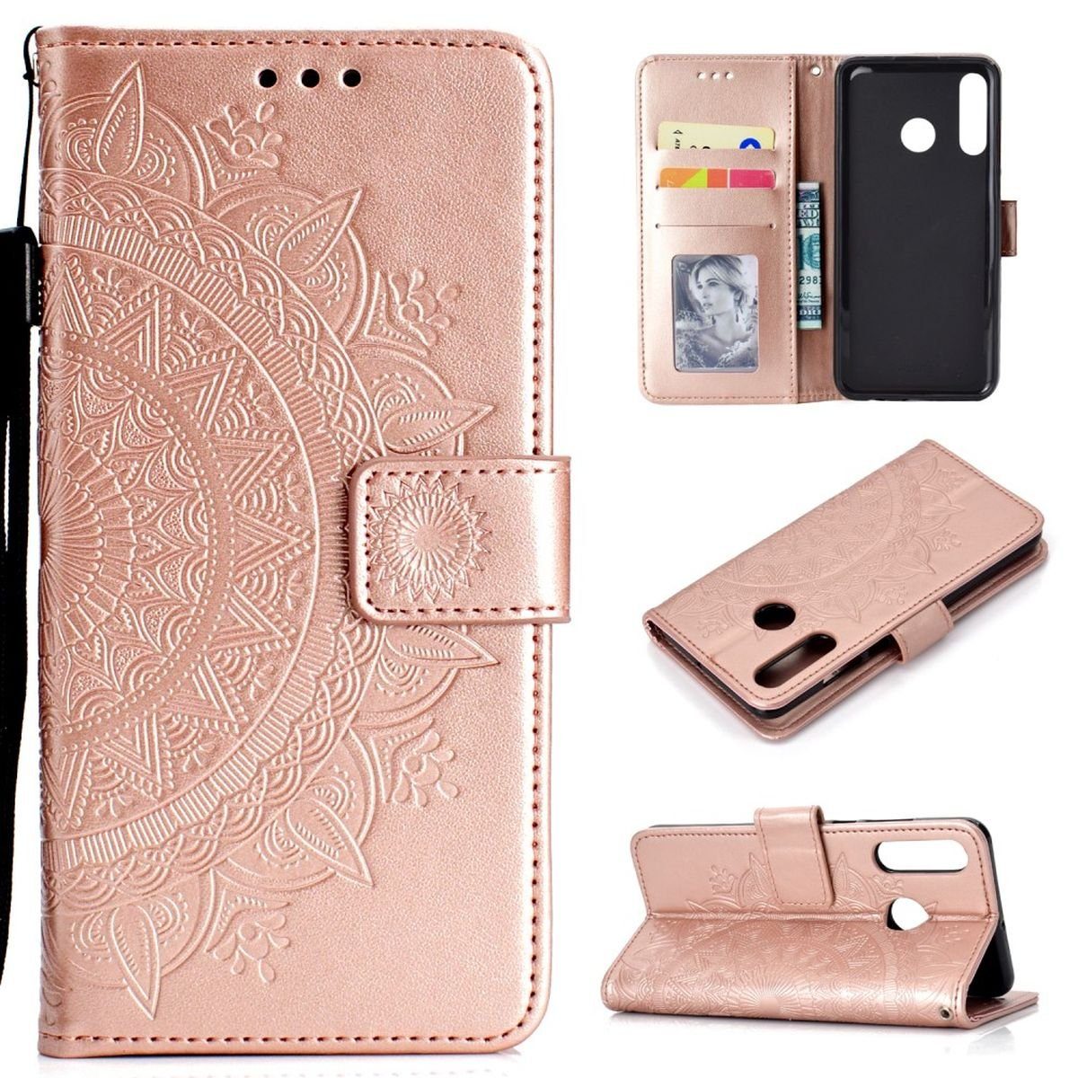 CoverKingz Handyhülle Huawei P30 Lite Handyhülle Flip Case Cover Bumper Mandala Rosegold 15,2 cm (6 Zoll), Klapphülle Schutzhülle mit Kartenfach Schutztasche Motiv Mandala