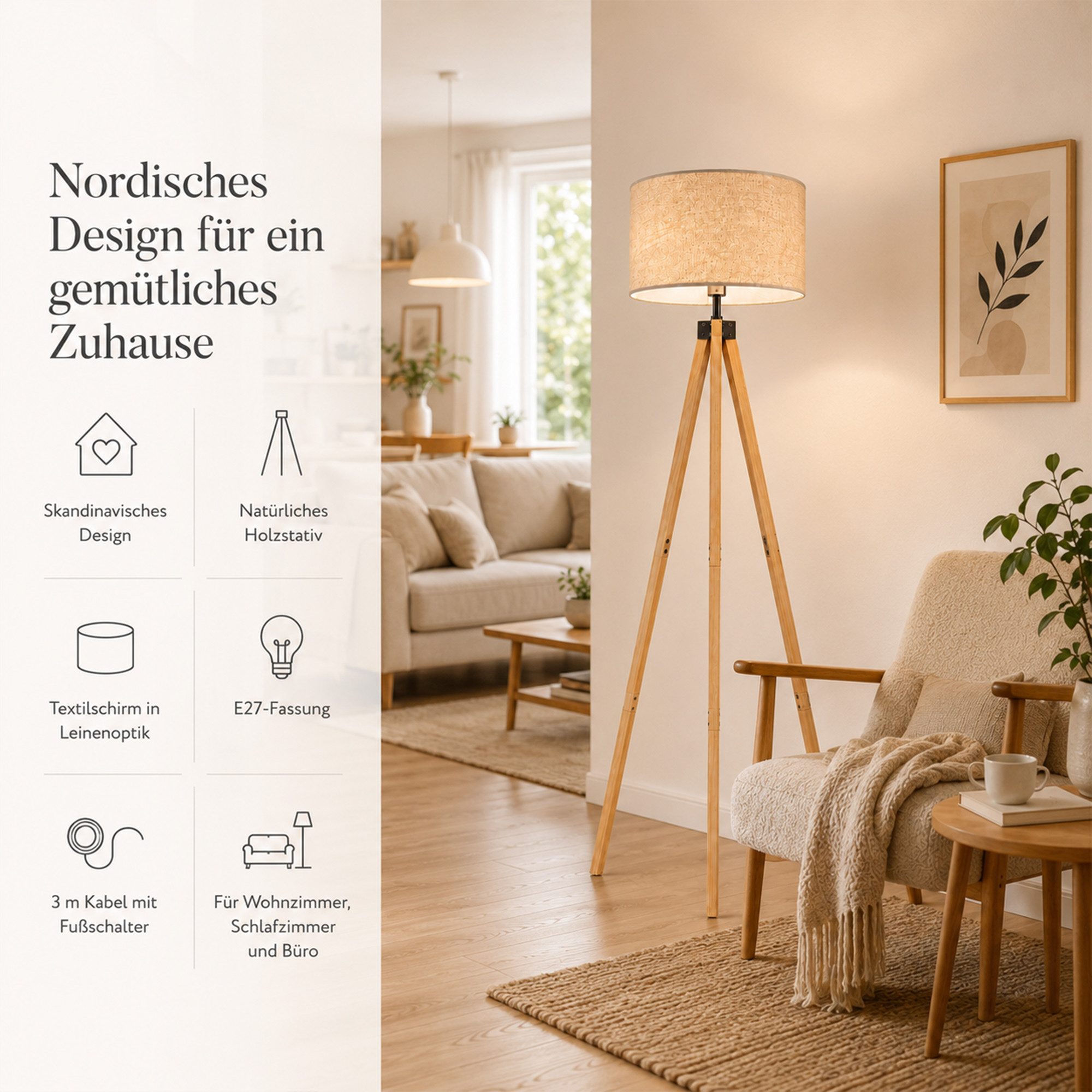 OYLCDI Stehlampe wohnzimmer Leselampe Stehleuchte Stativ aus Holz, E27 LED Stehlampe, für wohnzimmer Leselampe Schlafzimmer,Büro Arbeitslampe, (Glühbirne nicht  – Bild 5 von 5