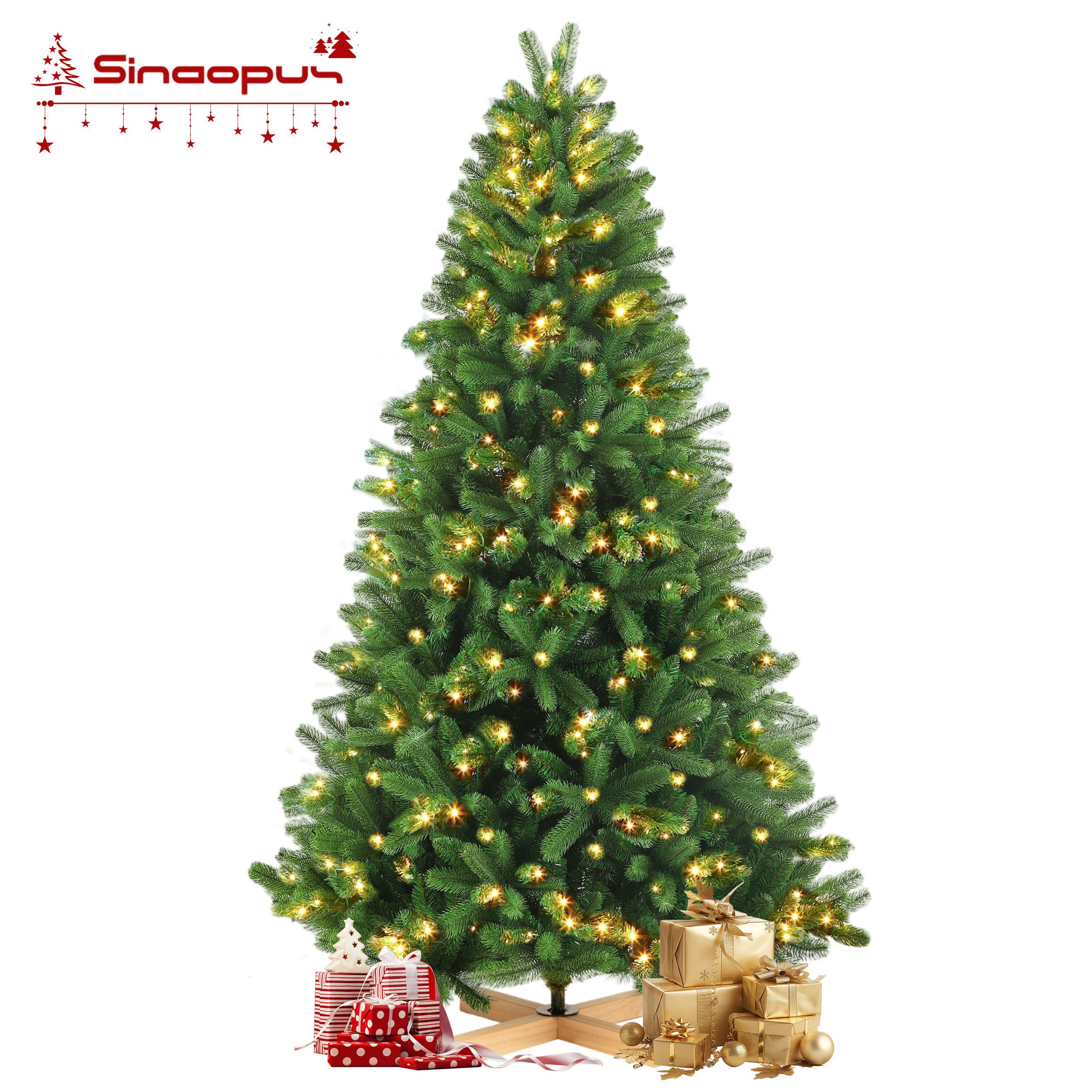 Künstlicher Weihnachtsbaum mit Beleuchtung, Künstlich Tannenbaum, Holzständer, PVC+PE, 180/210cm