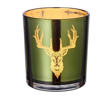 EDZARD Windlicht Ted (2er-Set), Kerzenglas-Set für Teelichter mit Hirsch-Motiv in Gold-Optik, Teelichthalter für Maxiteelichter, Höhe 8 cm, Ø 7 cm