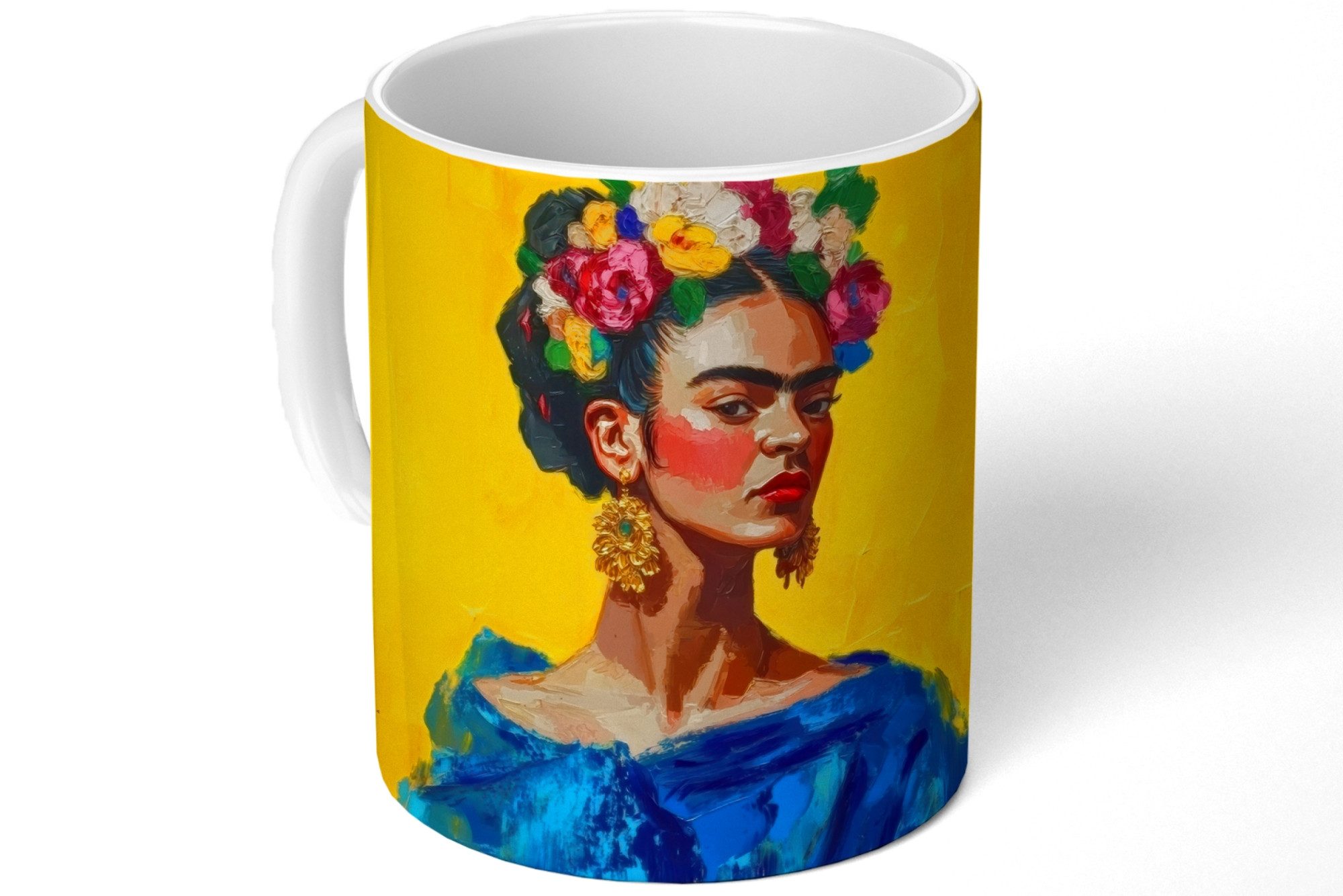 MuchoWow Tasse Frida Kahlo - Frau - Gelb - Blau - Blumen, 1-tlg., Keramik, Kaffeetassen, Teetasse, Becher, Kaffeebecher, Geschenk