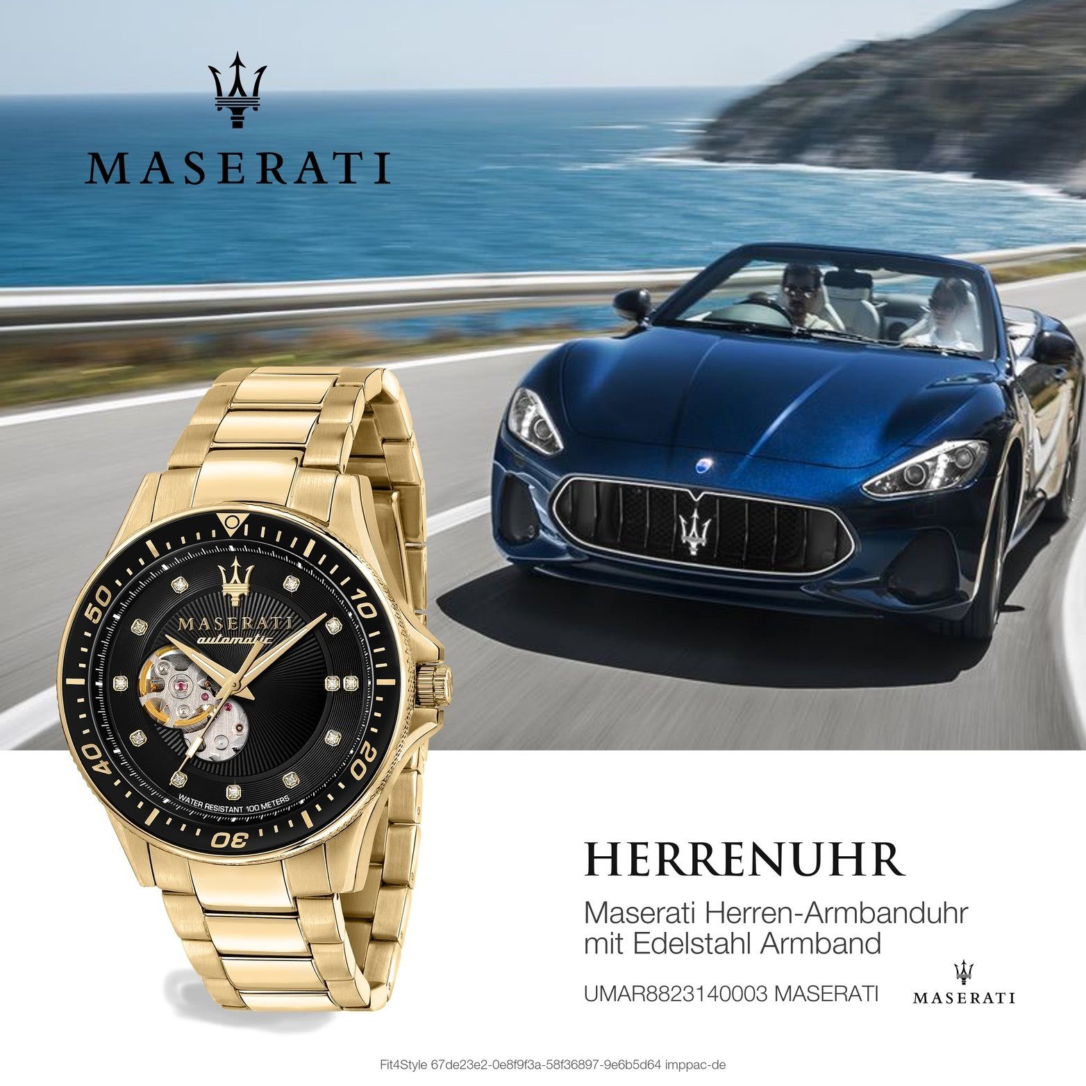 MASERATI Quarzuhr Maserati Edelstahl Armband-Uhr, schwarz 44mm) rundes (ca. Edelstahlarmband, groß Herrenuhr Gehäuse