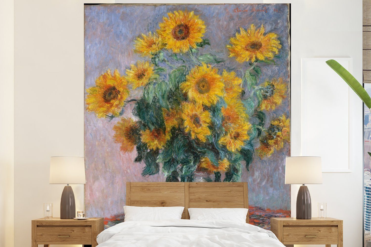 Fototapete Küche, Schlafzimmer Monet, Claude - Gemälde Sonnenblumen Fototapete von für bedruckt, St), mit Blumenstrauß MuchoWow Vliestapete Matt, (3 Wohnzimmer