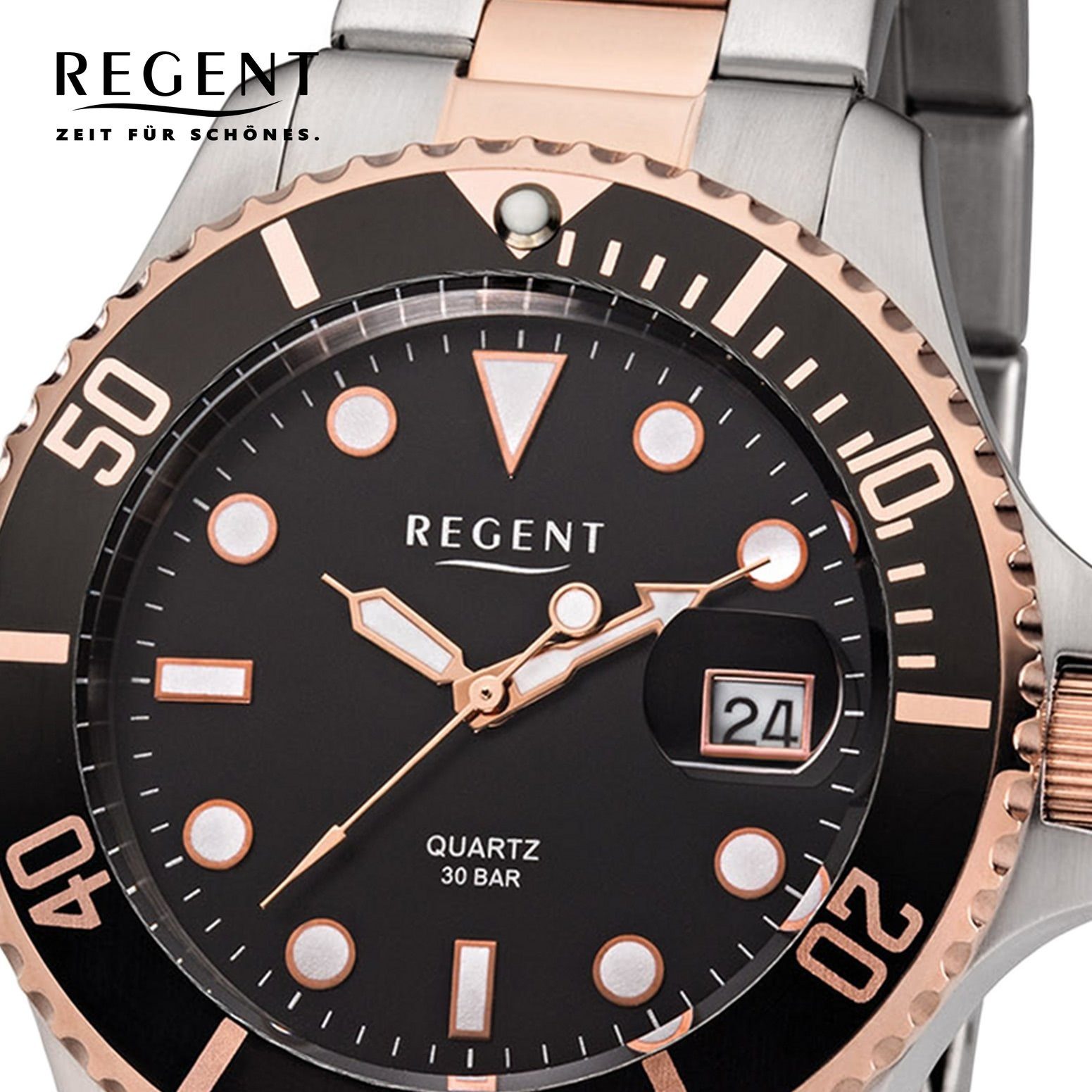Regent Quarzuhr Regent Herren Uhr F-1181 Metall Quarz, Herren Armbanduhr  rund, groß (ca. 40mm), Metallarmband