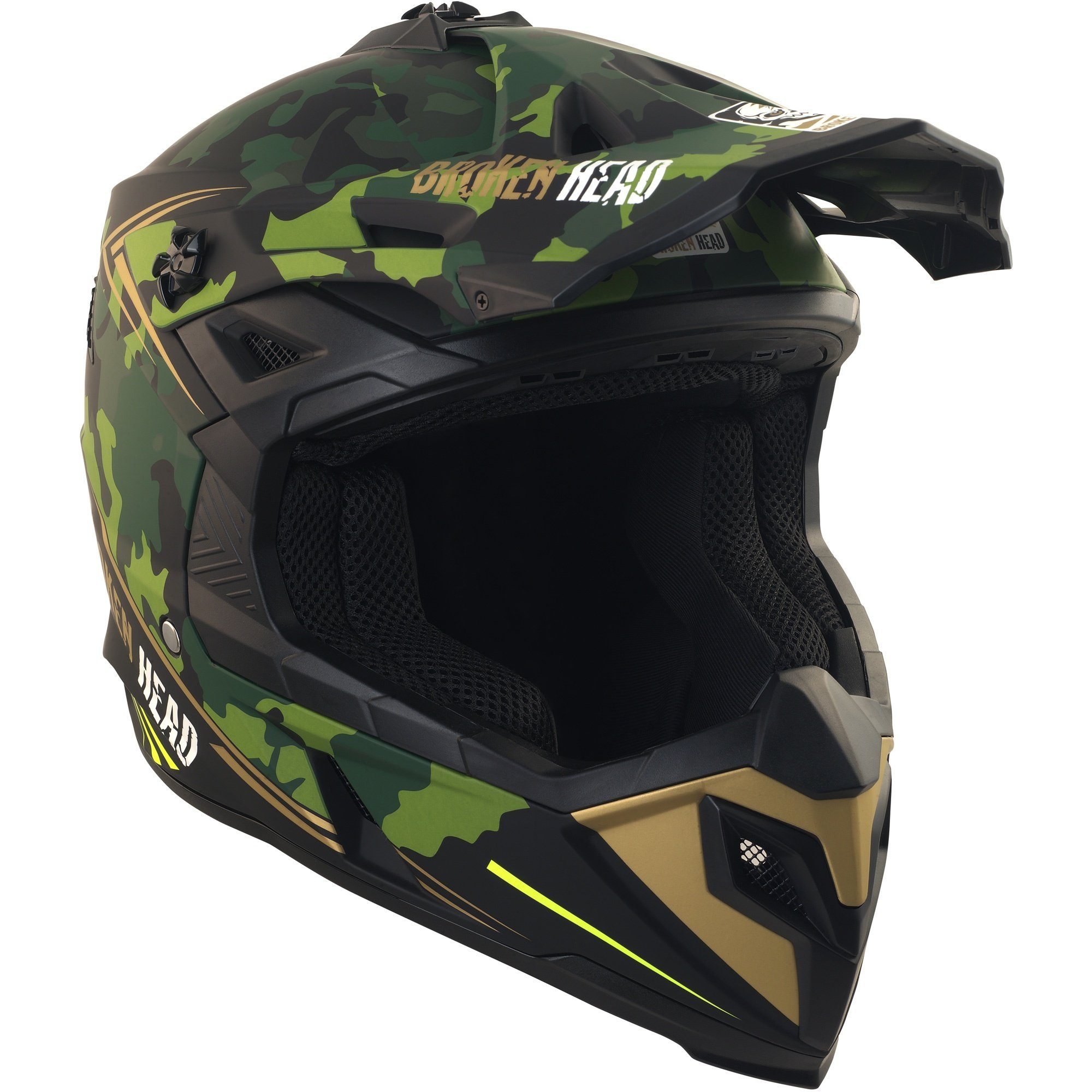 Broken Head Motocrosshelm Squadron Rebelution Camouflage-Grün-Gold, Zwei Verschlüsse