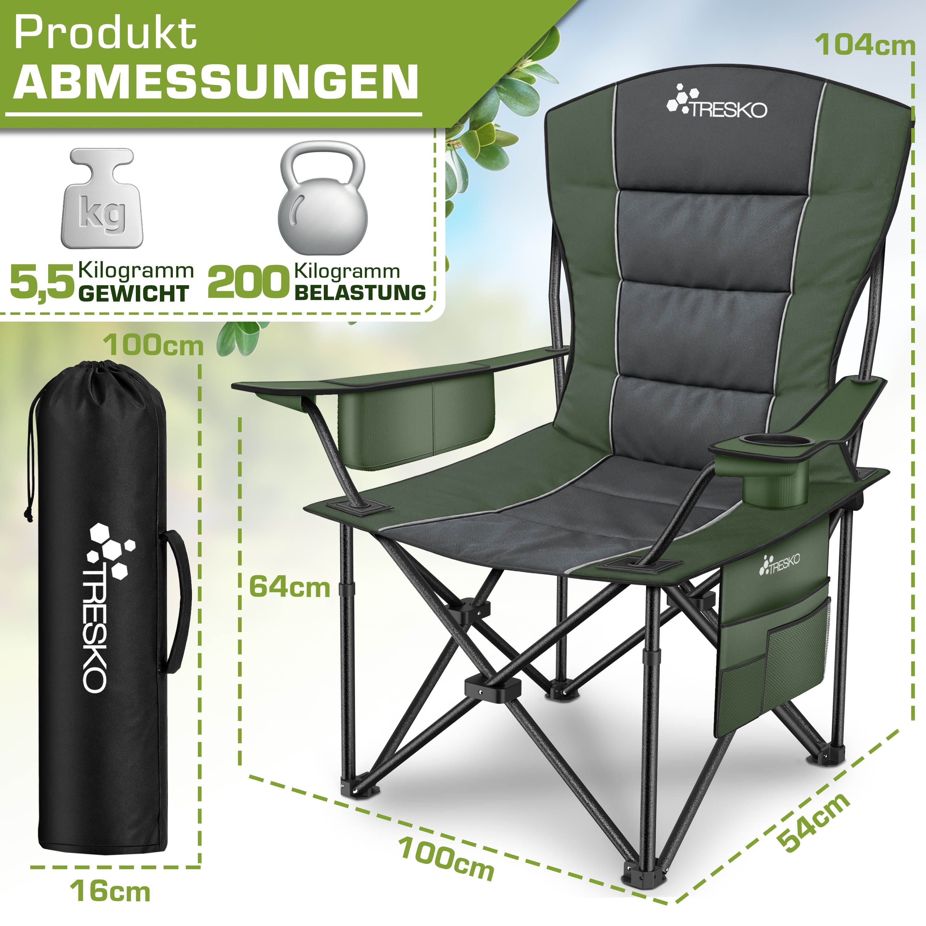 TRESKO Campingstuhl Faltbar bis 200kg Faltstuhl mit Kühltasche, Getränkehalter (Seitentasche, Klappstuhl XXL inkl. Tragetasche Angelstuhl), gepolstert für Outdoor, Angeln, Festival & Garten