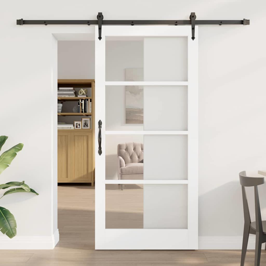 furnicato Schiebetür ORKDAL Massivholz Glas 93 x 202 cm Weiß, Leise gleitende Glasschiebetür mit Hardware-Set für deinen Flur