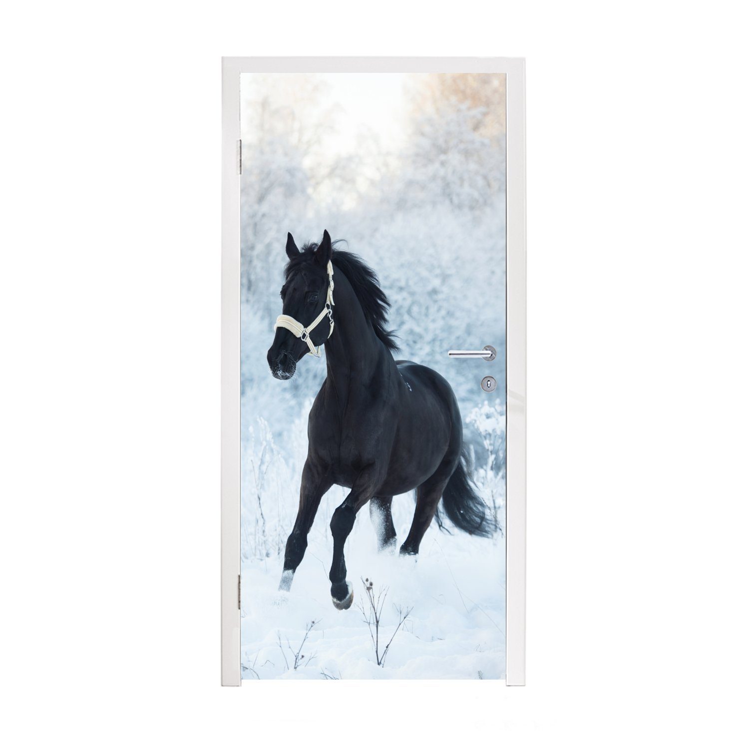 MuchoWow Türtapete Pferd - Schnee - Wald, Matt, bedruckt, (1 St), Fototapete für Tür, Türaufkleber, 75x205 cm