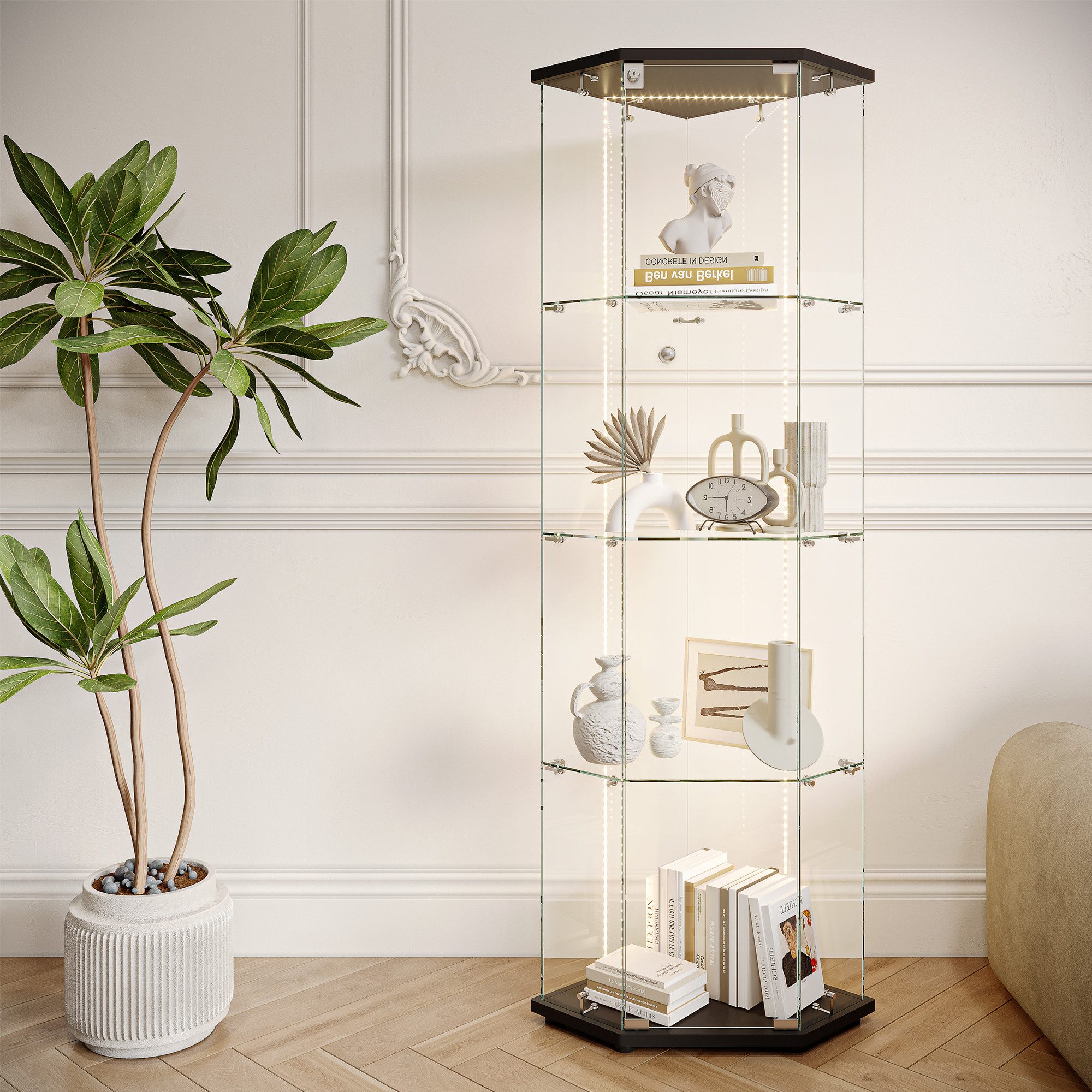 FUROKOY Glasvitrine Fünfeckige Standvitrinen (Schwarz 5 Lagen Sammlervitrin günstig online kaufen