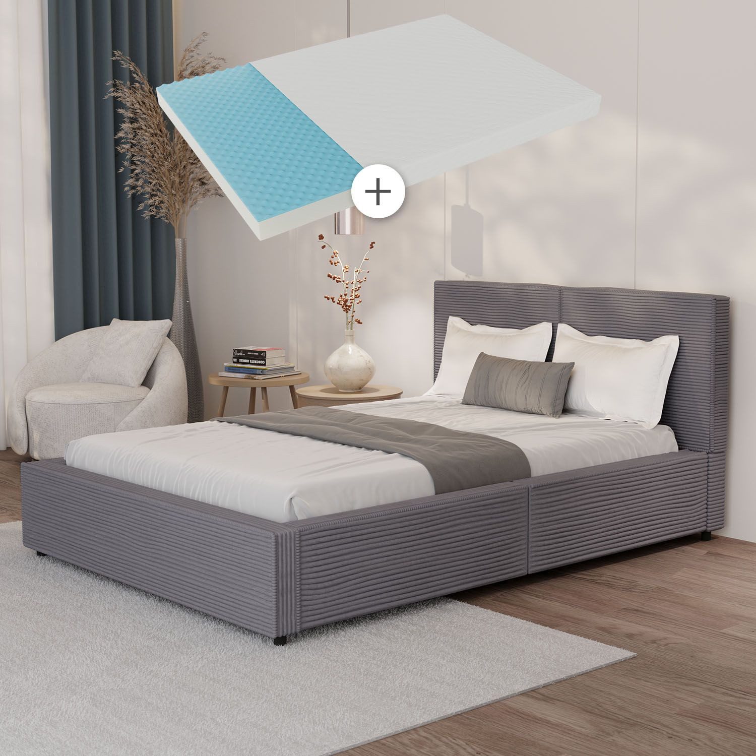 Juskys Polsterbett Salerno, Cord Design, bis 500 kg belastbar, Pflegeleicht mit Polsterung