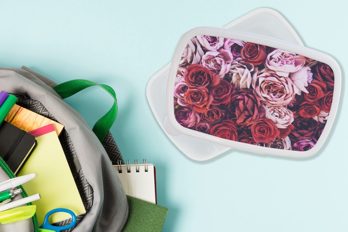 MuchoWow Lunchbox für für Rosa, Brotdose, - Rosen Rot (2-tlg), und Jungs - Kunststoff, weiß Kinder und Brotbox Erwachsene, Mädchen