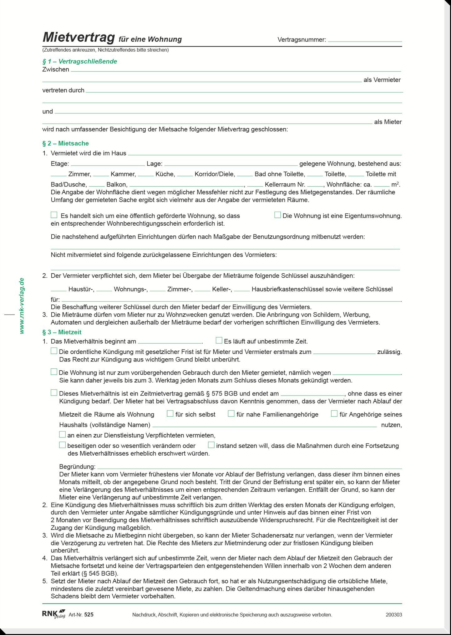 RNK Verlag Formularblock Wohnungs-Mietvertrag A4 ausführlich VE=10 Stück