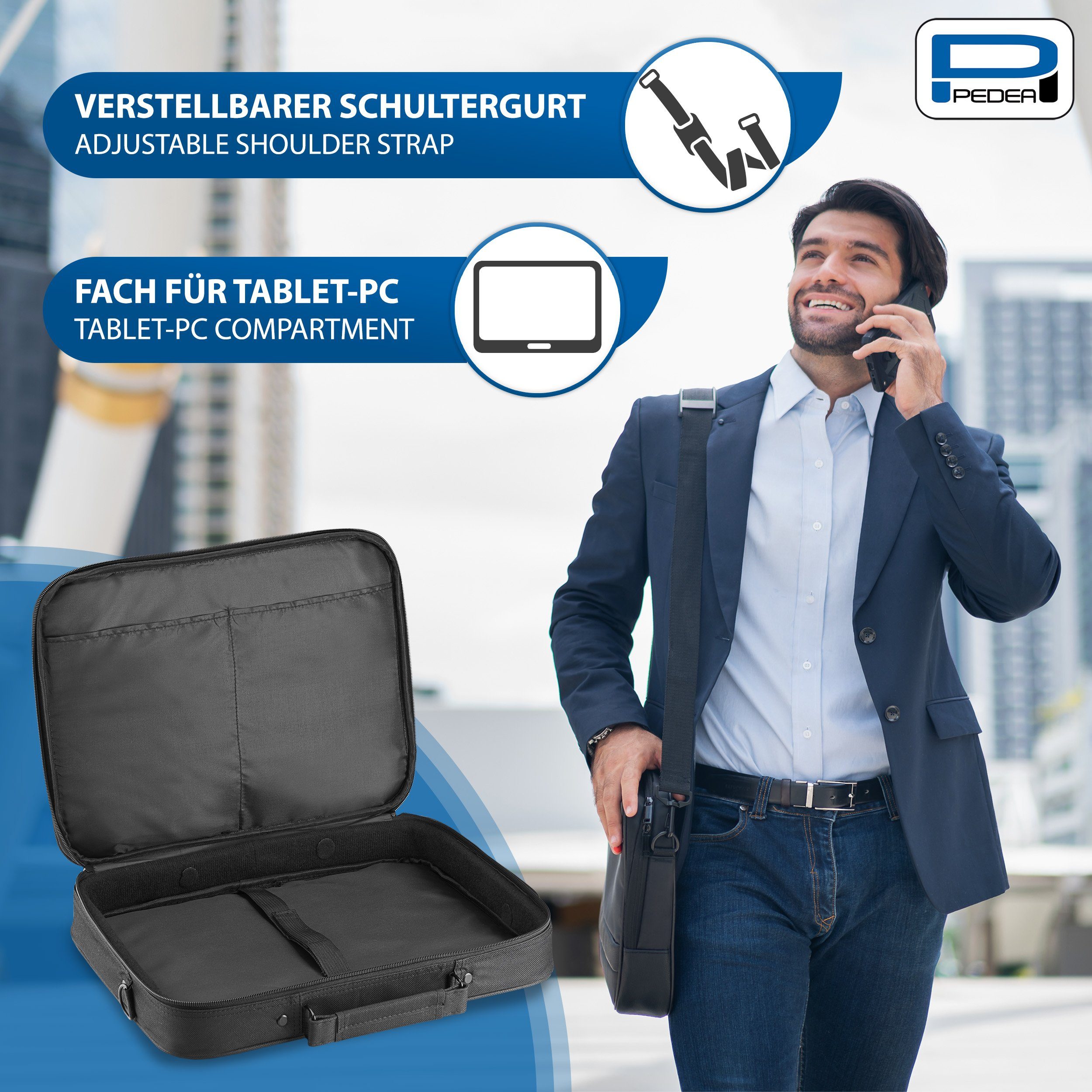 PEDEA Laptoptasche FAIR Notebooktasche für 13,3 / 15,6 / 17,3 Zoll (Laptopfach: 38,5 cm x 28 cm x 4,5 cm (BxHxT), bis 15,6 Zoll (39,6 cm) Schutzrahmen, wasserabweisend, Schultergurt