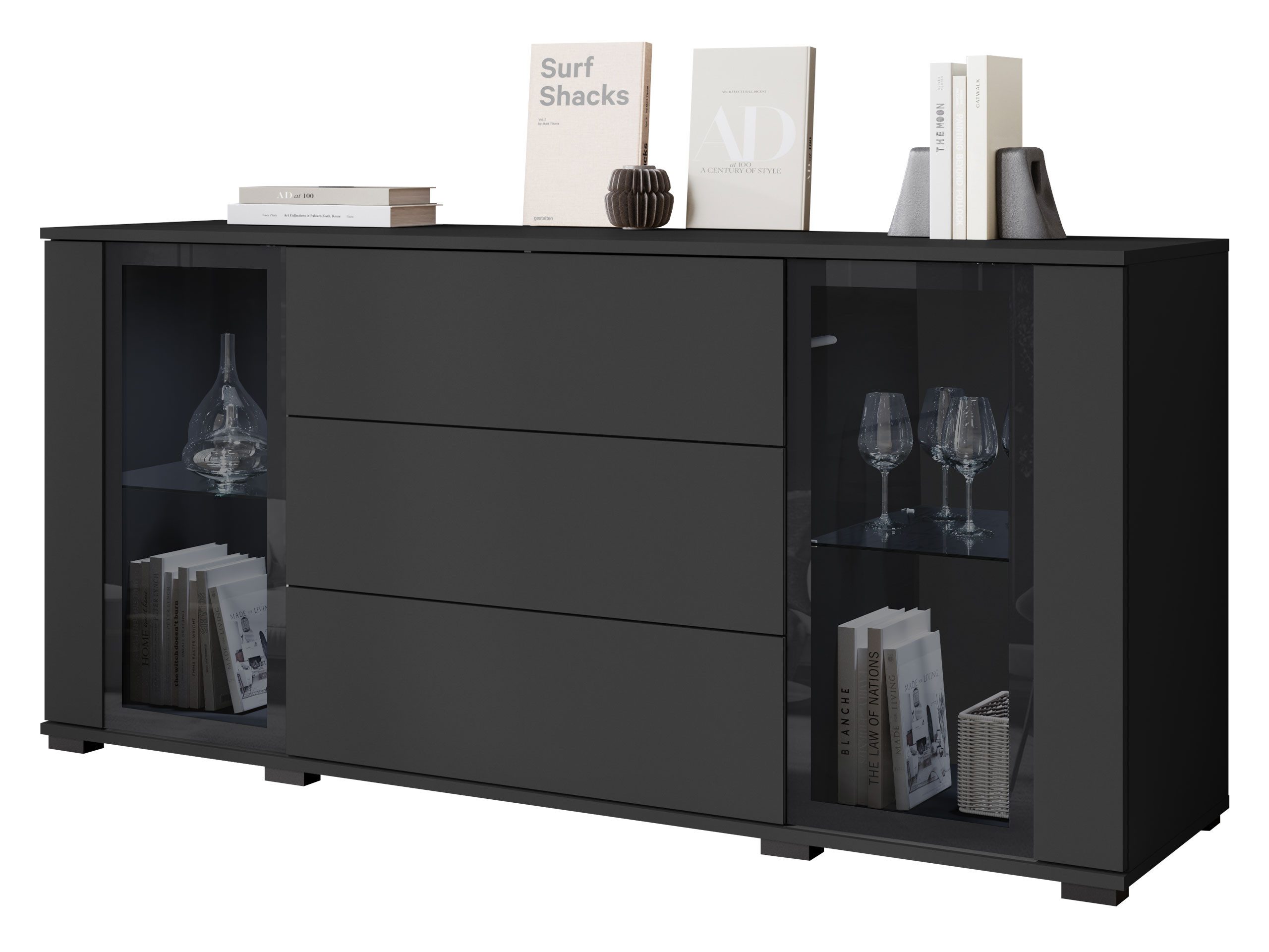 MIRJAN24 Kommode Caro SB 150 2D3S (mit zwei Drehtüren drei Schubladen), Fronten und Einlegeböden aus gehärtetem Glas