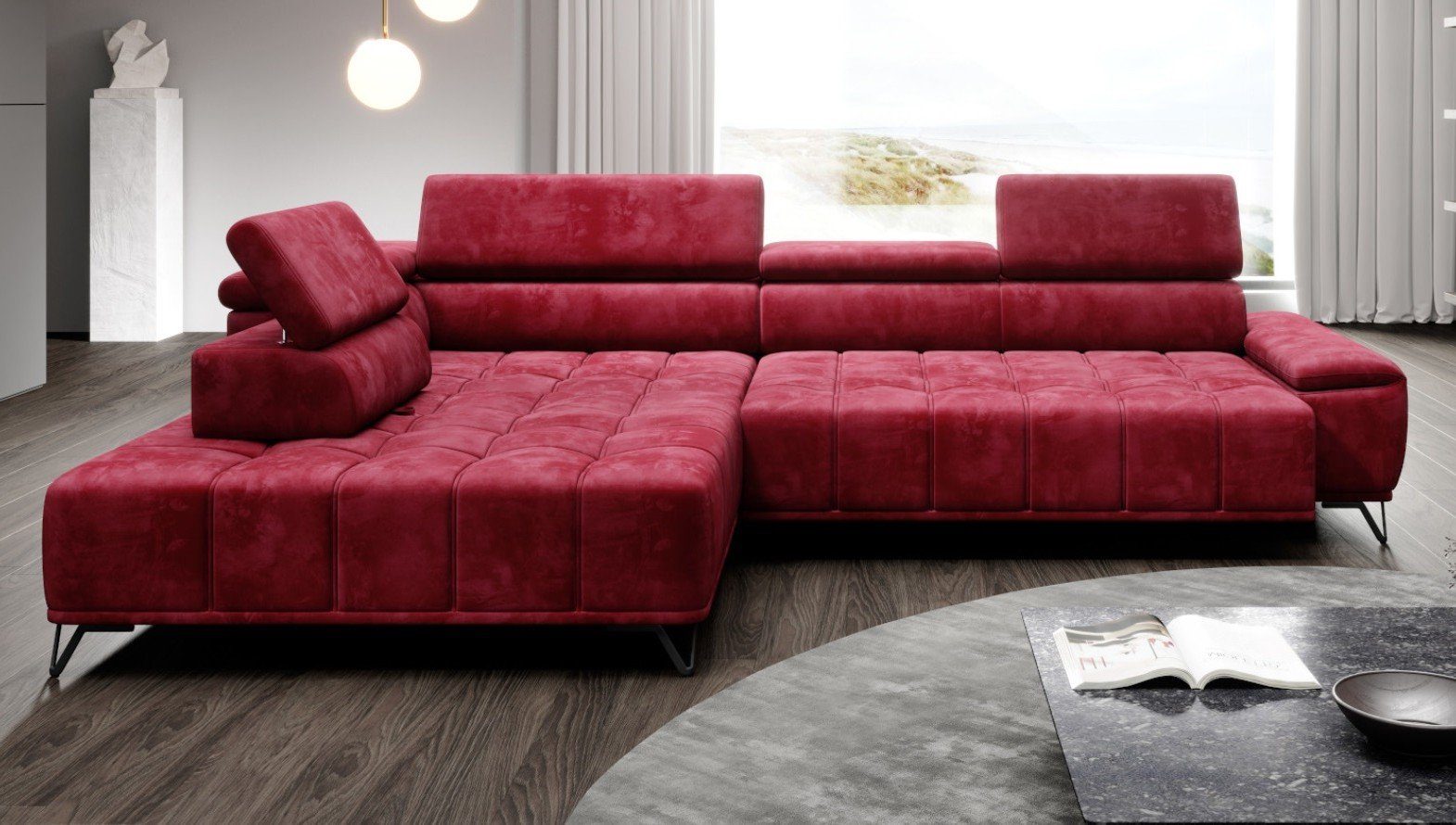 Sofa Dreams Ecksofa Funktionssofa Davino L rot, Kopfstützen, verstellbare elektrisch mechanisch Sitztiefe Form verstellbare