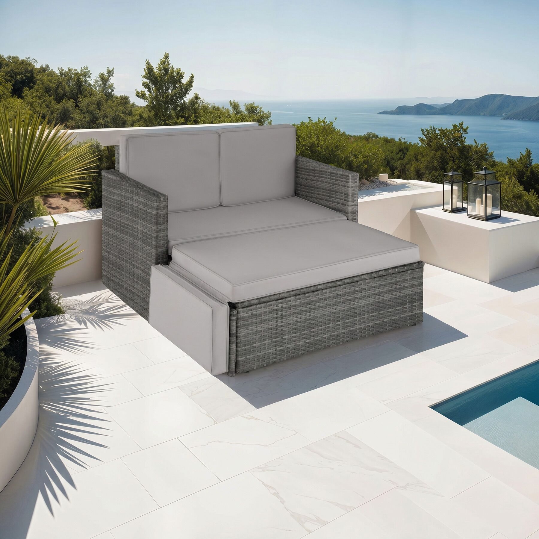 tectake Loungeset Rattan Lounge, Hocker mit klappbarer Stütze, (Gartenlounge Korfu, 2-tlg., in grau), 2-Sitzer, widerstandsfähig, UV-beständig, Dicke der Polster 8 cm