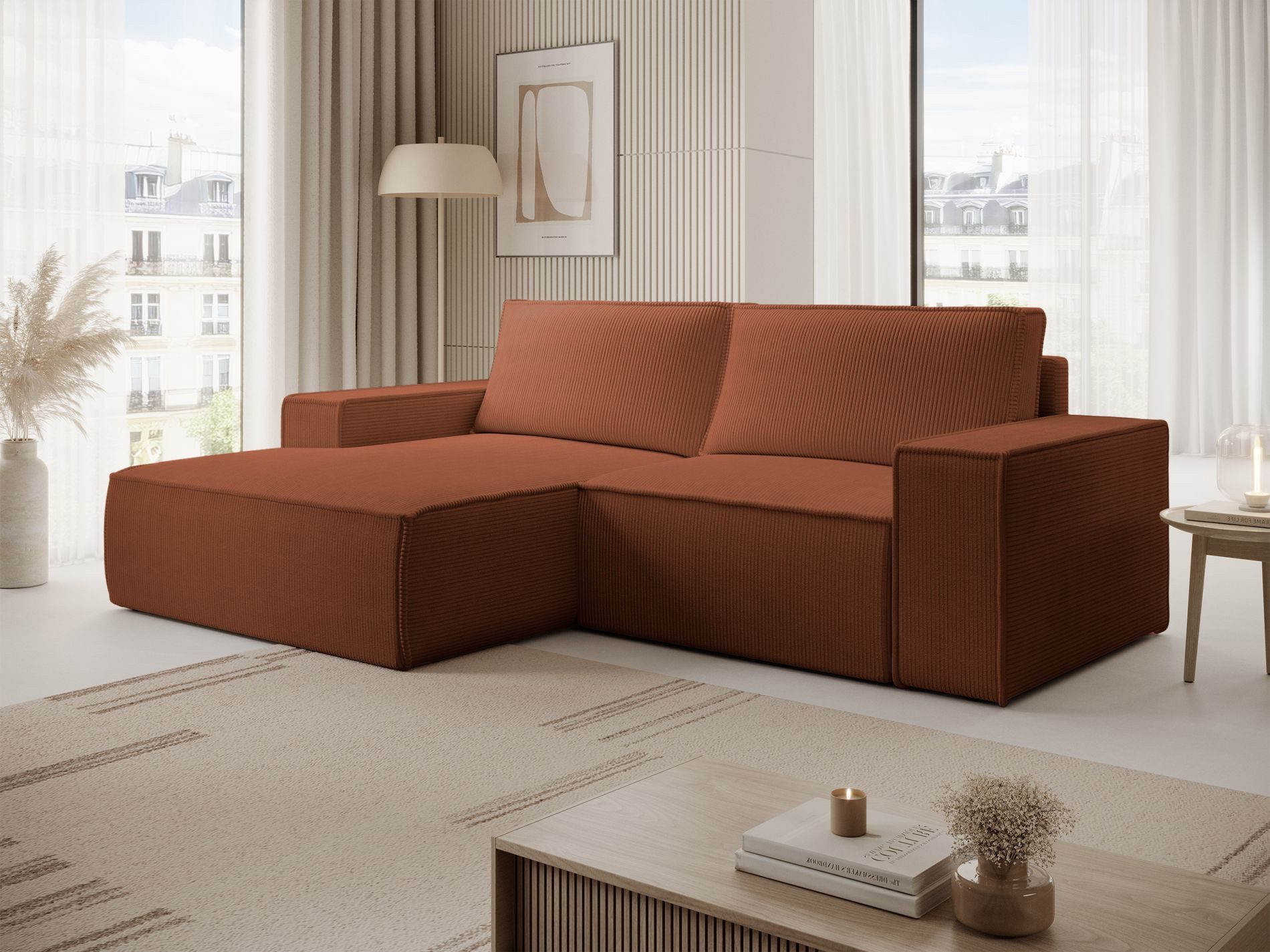Selsey Ecksofa FARESE MINI, Ecksofa mit Schlaffunktion & Bettkasten, Cord tierfreundlich