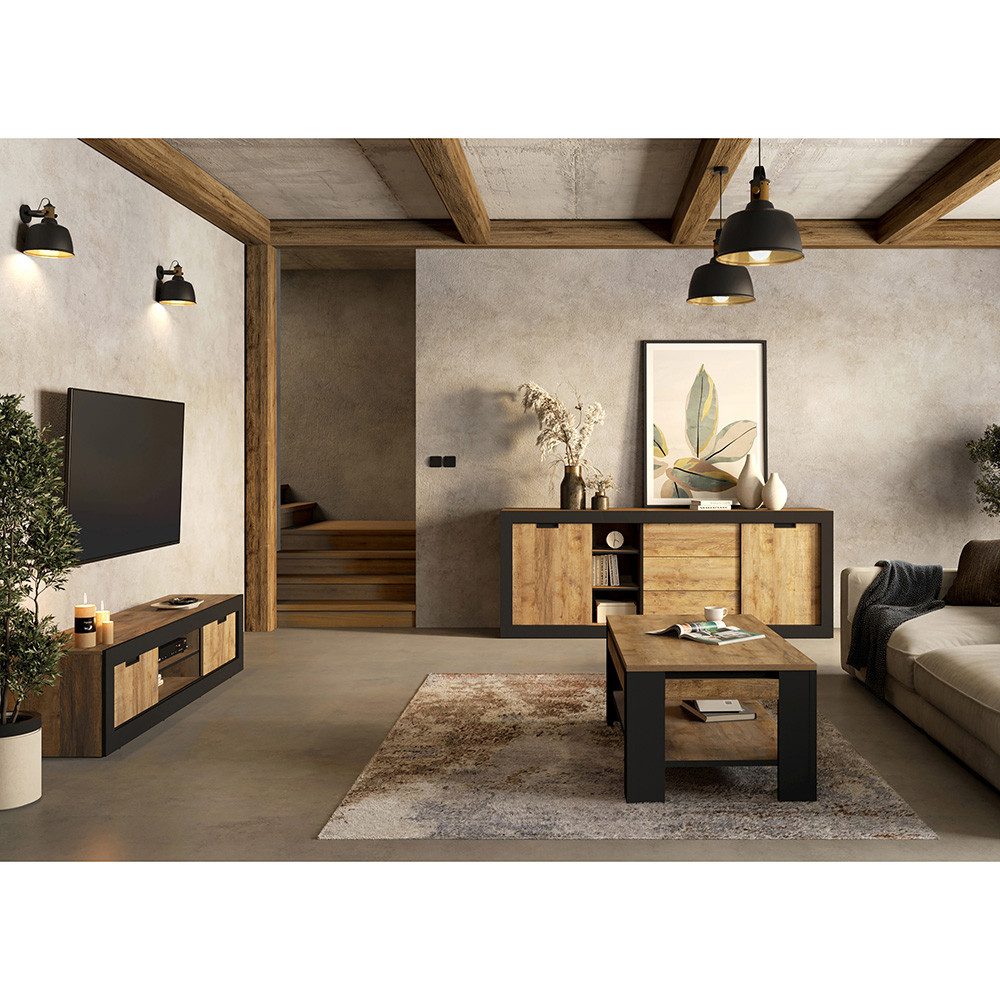 Lomadox Wohnzimmer-Set TOLOSA-83, (Mega-Spar-Set, 3-St., Couchtisch Lowboard Sideboard), in Eiche mit Rahmen in Mattschwarz