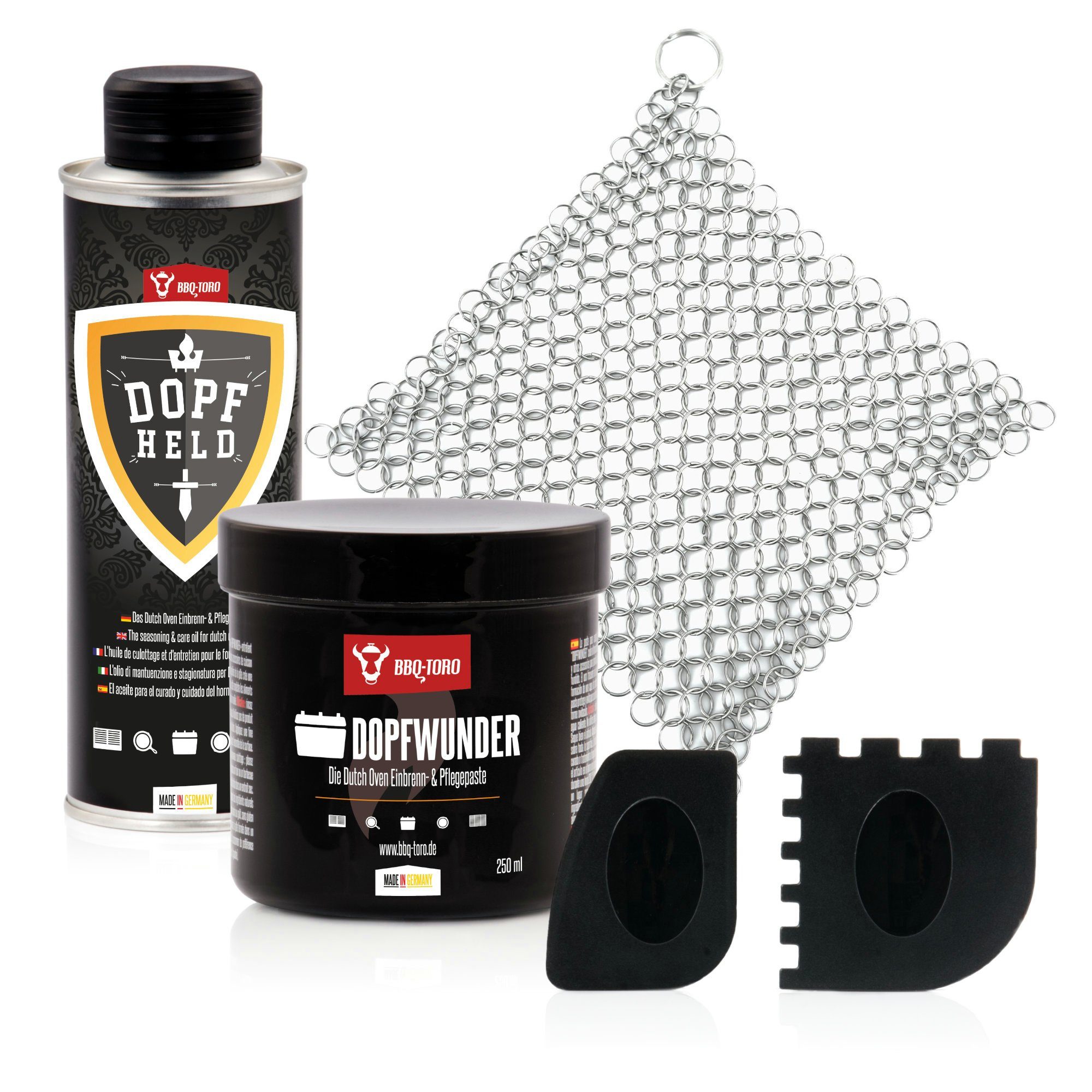 BBQ-Toro Reinigungs-Set 5-teiliges Dutch Oven Zubehör Set mit Dopfheld, Dopfwunder