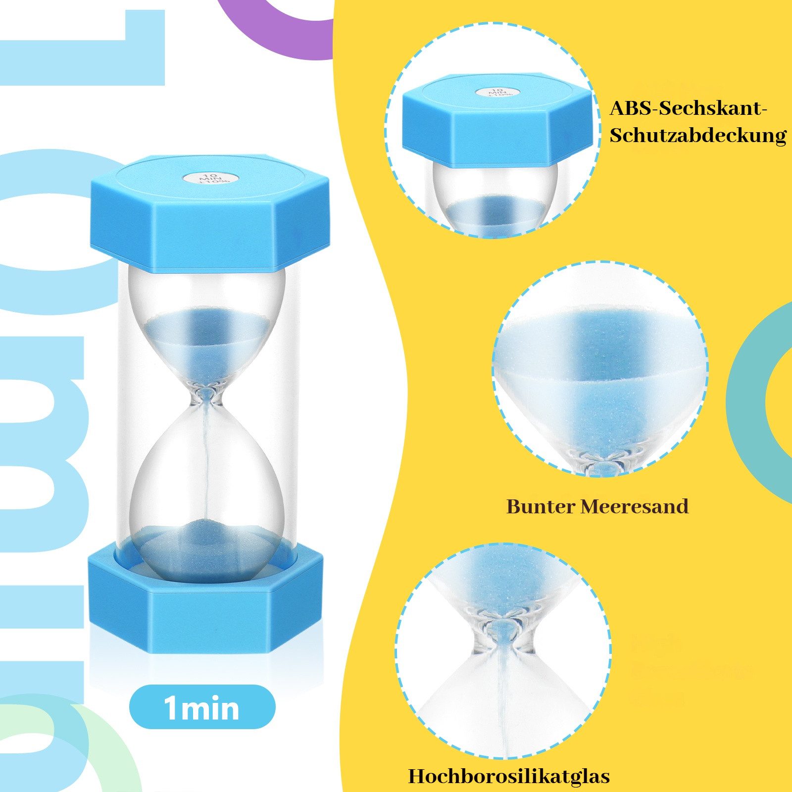 BlingBin Sanduhr 6 Stück Bunter Sanduhren für Kinder,Farbtimer, Zeitmesser Sanduhren Sanduhren Set 1/3/5/10/15/30 Minuten Geeignet für Küche, Zuhause