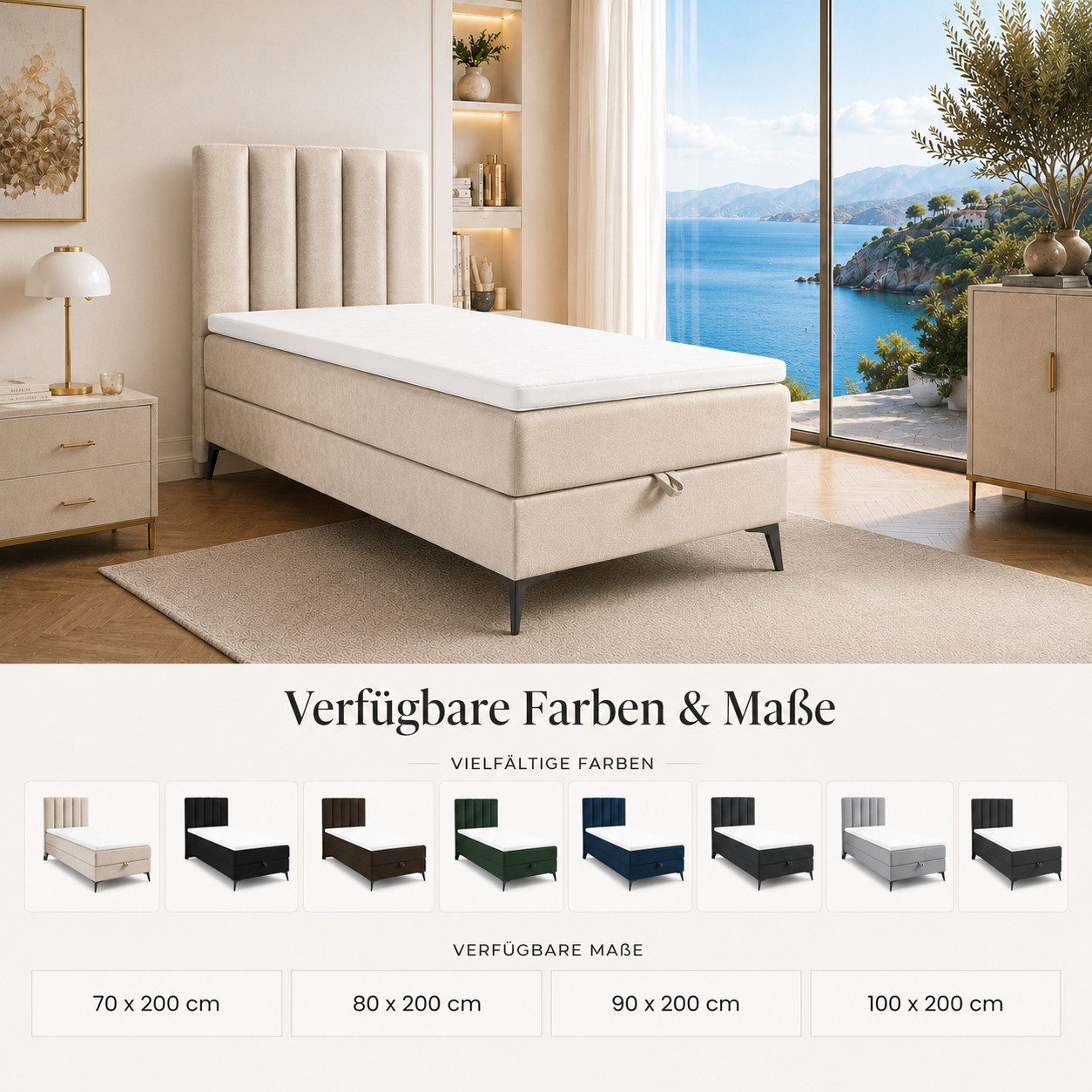 Best for Home Boxspringbett K10 Single SLIM mit Bettkasten & Bonellfederkernmatratze, Topper H3 (Einzelbett, Polsterbett, Kinderbett, Juniorbett, Hotelbett, 70x – Bild 5 von 5
