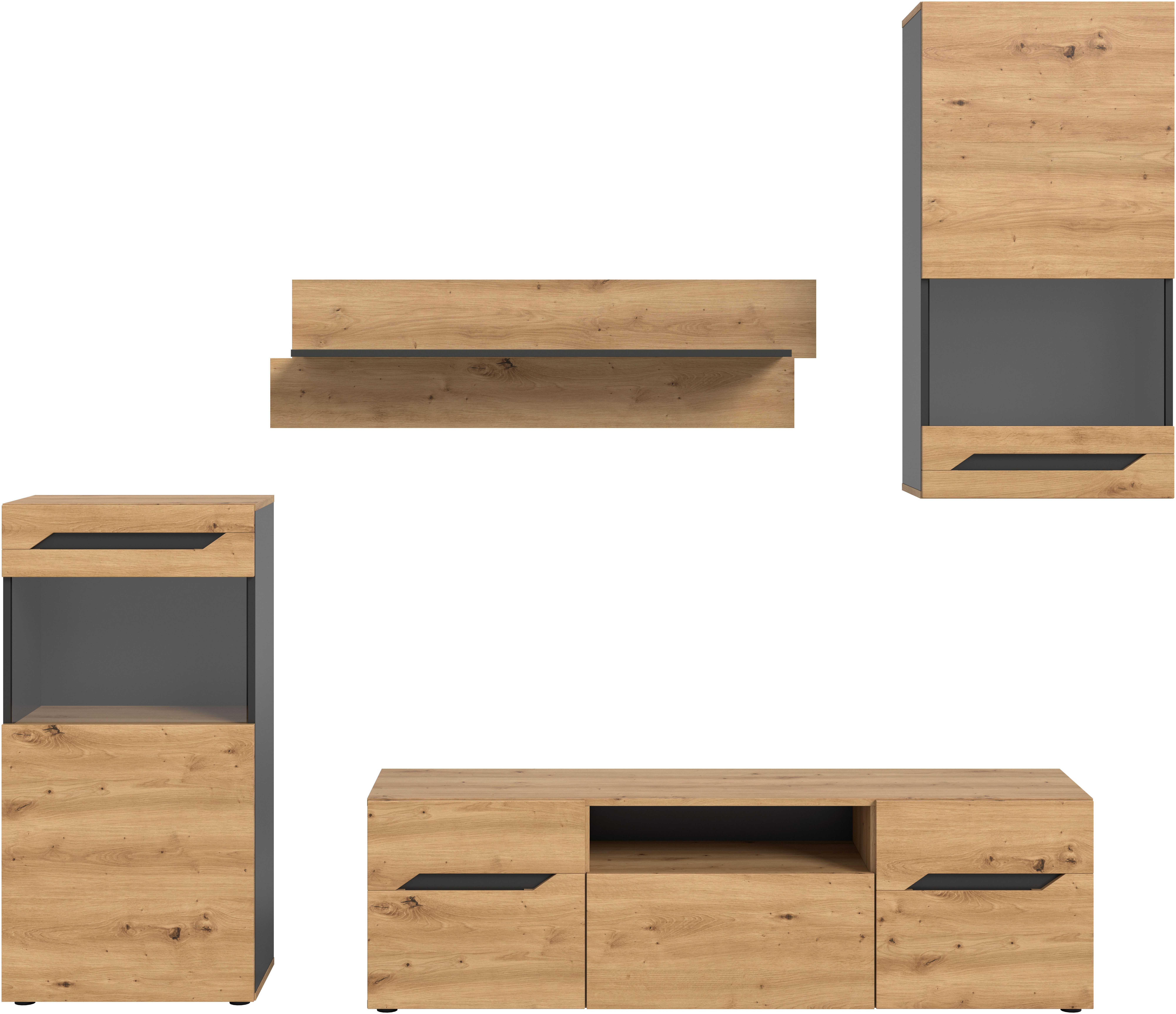Home affaire Wohnwand SERTA, 4-teilig, best. aus: 2x Vitrine, 1x Lowboad & 1x Wandboard, Anbauwand, Set, Möbelset, TV-Wand, Wohnzimmerset, Schrankwand