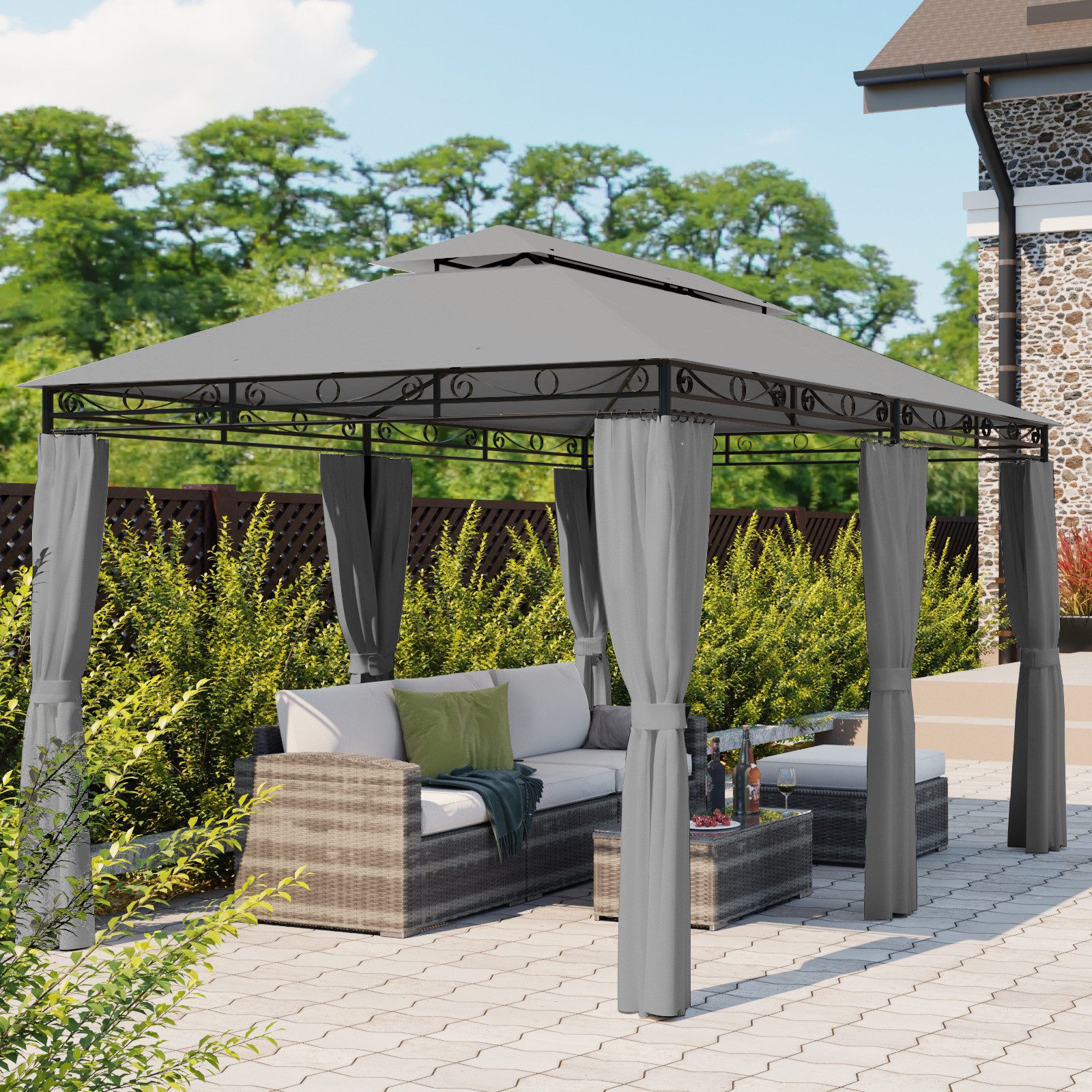 Mondeer Pavillon Gartenpavillon, mit 6 Seitenteilen Vorhänge Metallrahmen Dachplane, 300 x 400cm, Grau