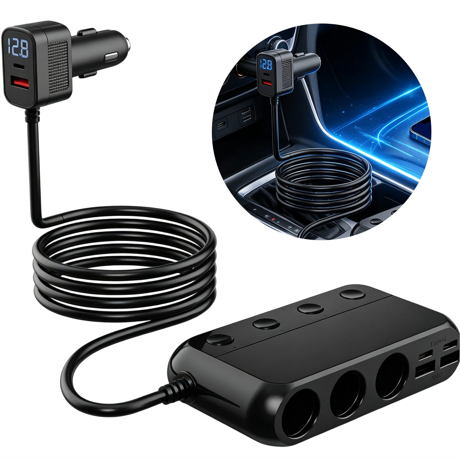 Senmudi Zigarettenanzünder-Verteiler usb-ladegerat Verteiler 6 in 1, 148W Auto KFZ Ladegerät Adapter (6 Ausgänge 12V-24V KFZ Ladegerätmit LED Voltmeter Mehrfach, 1 Zigarettenbuchse + 2 USB-A + 3 USB-C PD QC Schnellladeanschlüsse), kompatibel mit Notebook Handy Tablet