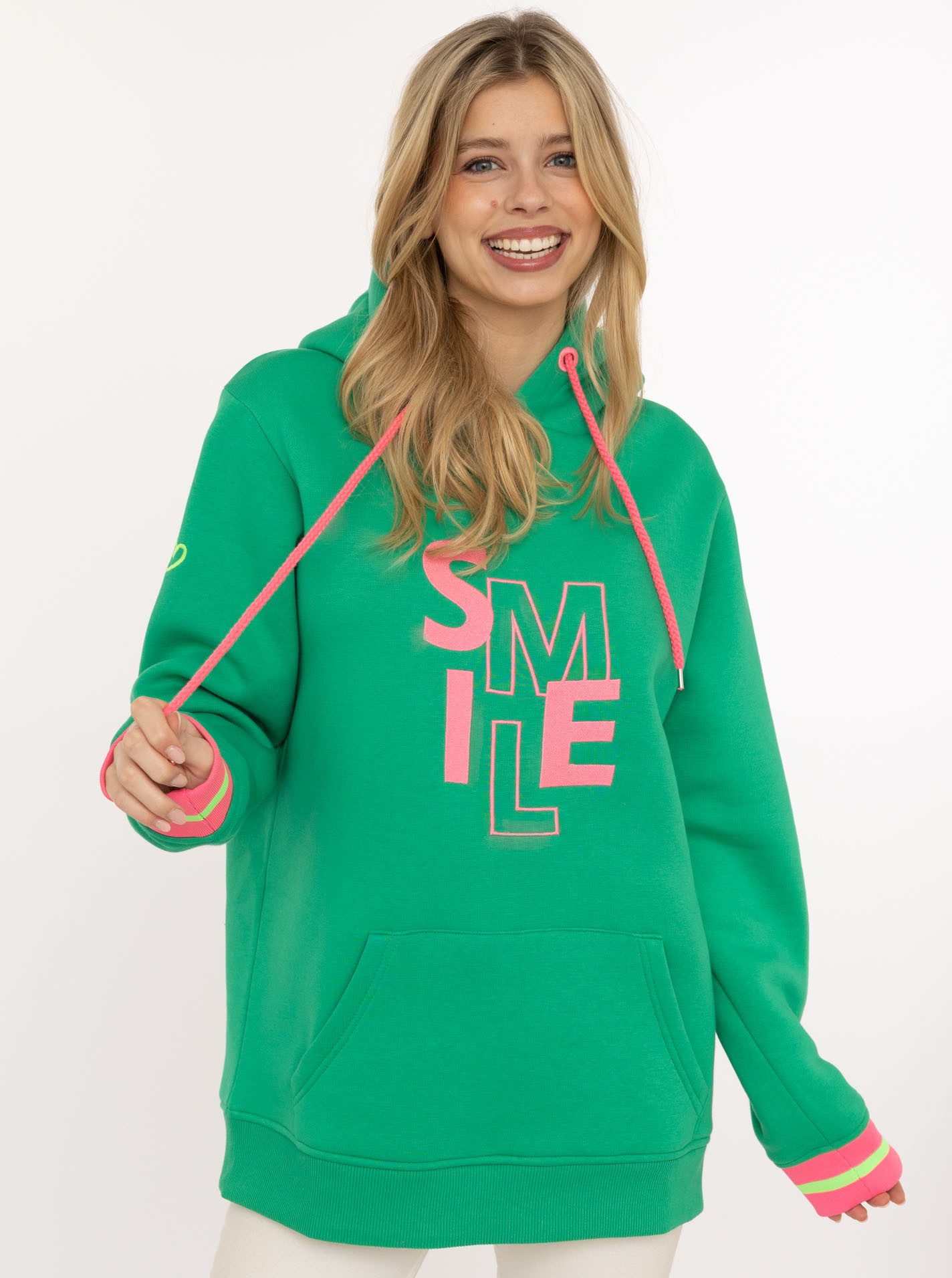 Zwillingsherz Hoodie "SMILE" große Stickerei, gestreifte Bündchen, Fronttasche, Kapuze