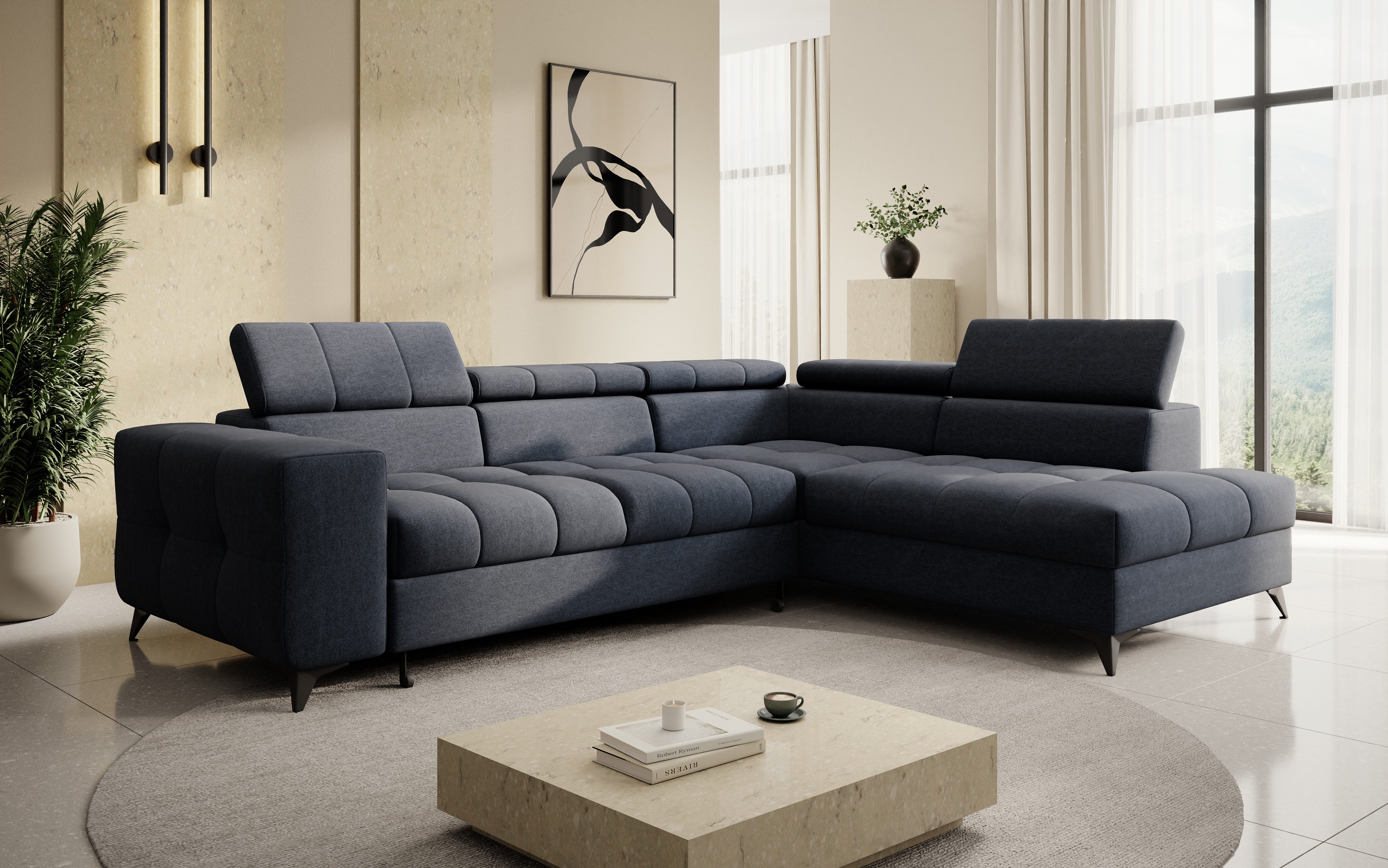 thematys Ecksofa SORANO mit Schlaffunktion & Bettkasten – L-Form, Bouclé und Velours, - mit verstellbaren Kopfstützen, – L-Form 270×203 cm – Schlafsofa mit Auszug, – L-Form 270×203 cm – Schlafsofa mit Auszug