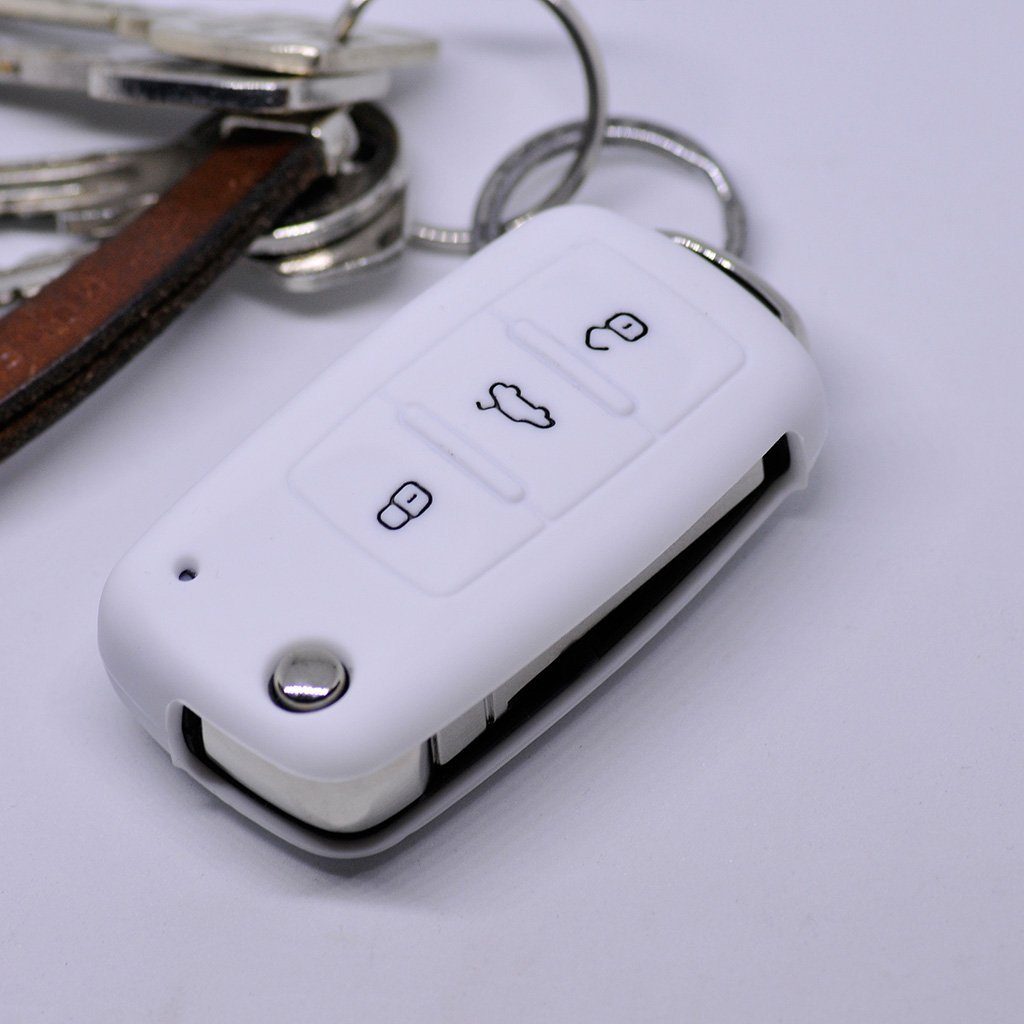 mt-key Schlüsseltasche Autoschlüssel Softcase Silikon Schutzhülle Weiß, für VW Seat Skoda ab 11/2009 3 Tasten Klappschlüssel