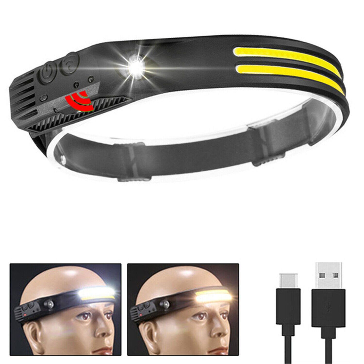 Olotos Stirnlampe LED COB XPE Kopflampe Scheinwerfer USB Wiederaufladbar mit Sensor, 1-3 COB 5 Modi 230°Ultra Weitwinkel Rot Gelb Licht IPX4 Wasserdicht 2 COB - Weisslicht+Gelblicht