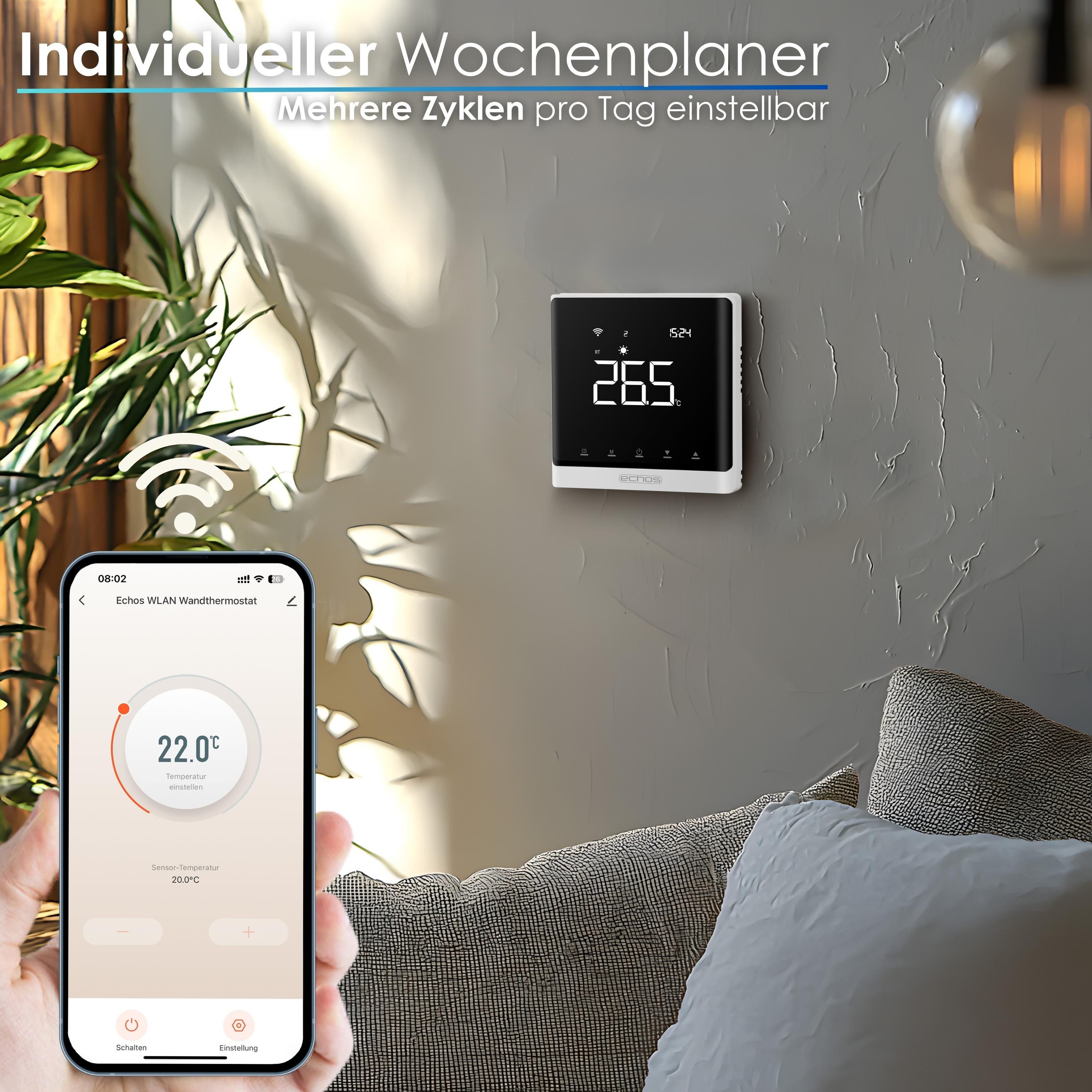 echos Room Thermostat WiFi Wall Thermostat Eco-4180, electronic, dimmable display, touch buttons, Smart Life app control, voice control