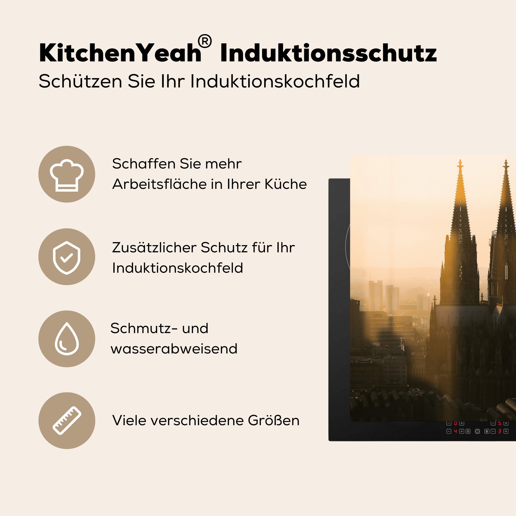 - Ceranfeldabdeckung, für - MuchoWow Turm Arbeitsplatte Herdblende-/Abdeckplatte Köln küche Vinyl, (1 cm, tlg), 78x78 Sonnenuntergang,