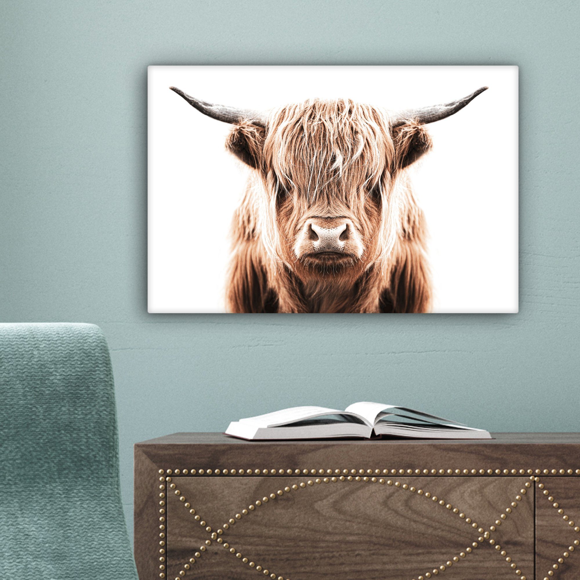 Aufhängefertig, OneMillionCanvasses® - Leinwandbild Wanddeko, - Kuh St), Wandbild Schottischer 30x20 (1 Stier, cm Highlander Leinwandbilder,