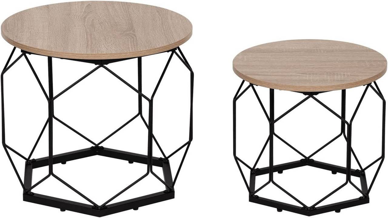 Woltu Couchtisch (2-St), mit runder Tischplatte Stauraum, Holzwerkstoff Metall Helle-Eiche+Schwarz