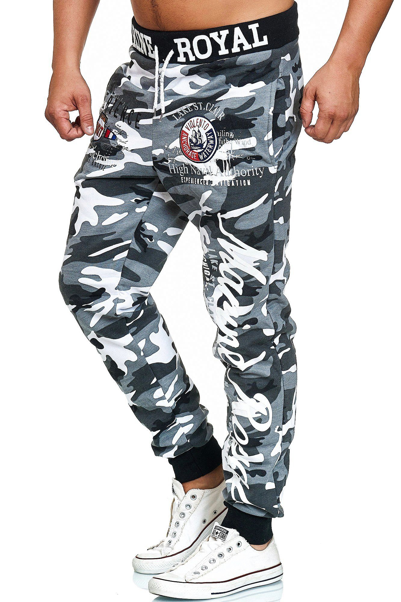 Casual Baumwolle, mit JoggingHOSE Trainingshose Sporthose 1-tlg) L.gonline lang, Grau Fitness Camouflage Jogginghose (Sweatpants, Herren Freizeit