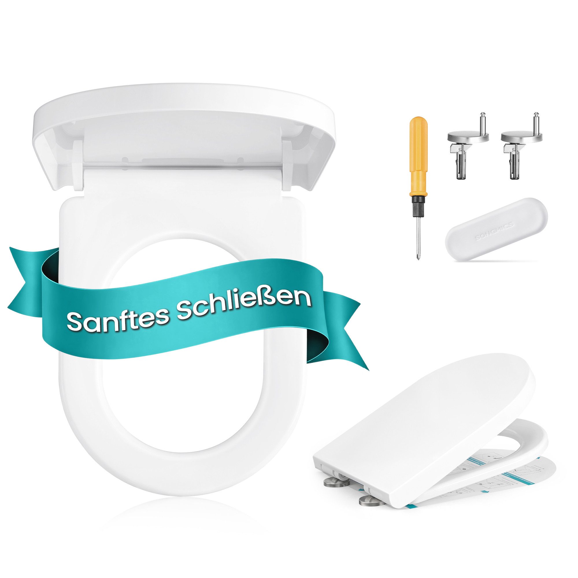 SONGMICS WC-Sitz WC-Sitz mit Absenkautomatik, Griff, Toilettensitz abnehmbar, WC-Deckel PP-Kunststoff, bis 300 kg belastbar, lange D-Form von SONGMICS