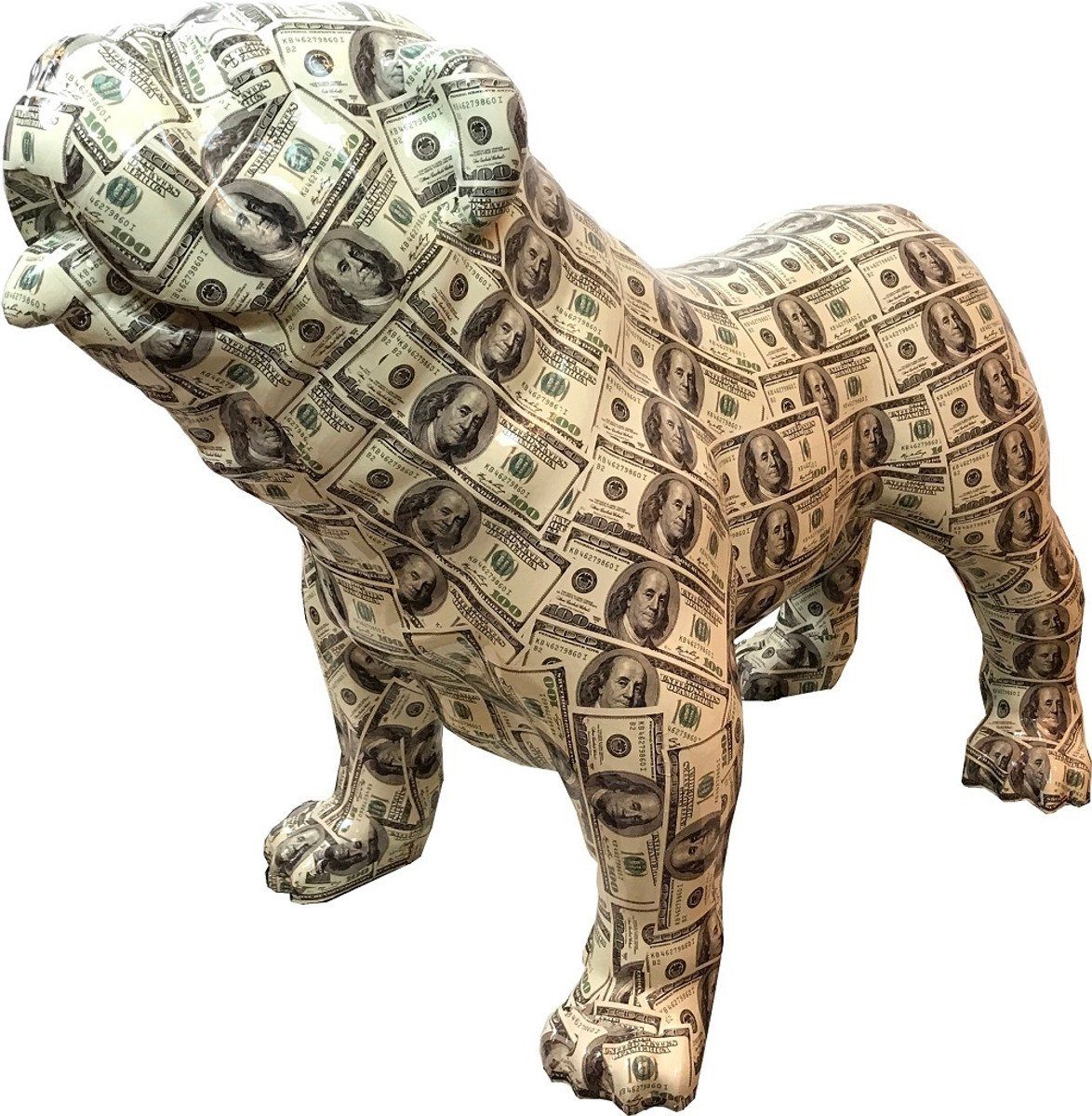 Casa Padrino Skulptur Designer Dekofigur Hund Bulldogge mit Dollar Design 90 x H. 74 cm - Wetterbeständige Deko Skulptur - Wohnzimmer Deko - Garten Deko - Designer Deko Tierfigur | Skulpturen