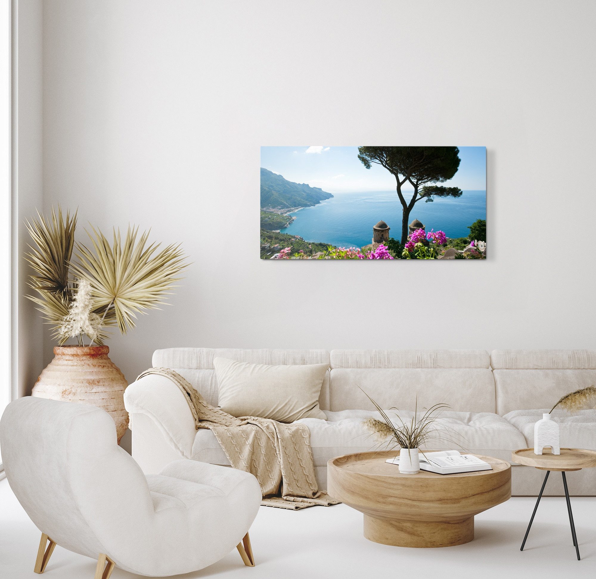 Sinus Art Leinwandbild Kunstdruck Bilder 120x60cm Italienische Küste Sommer Mittelmeer Baum, (1 St)