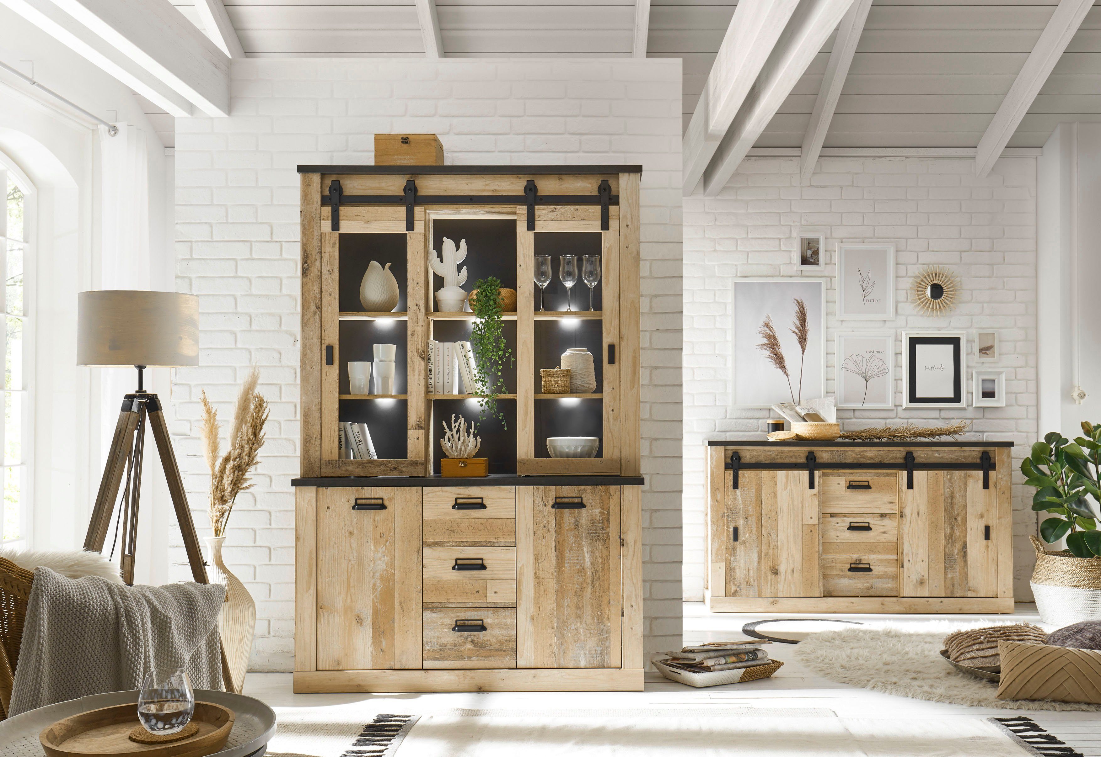 Home affaire Buffet Sherwood, Hochschrank im Industrial-Style, Hochschrank, Küchenschrank mit Scheunentorbeschlag & Apothekergriffen, in 2 Farben erhältlich – Bild 5 von 5