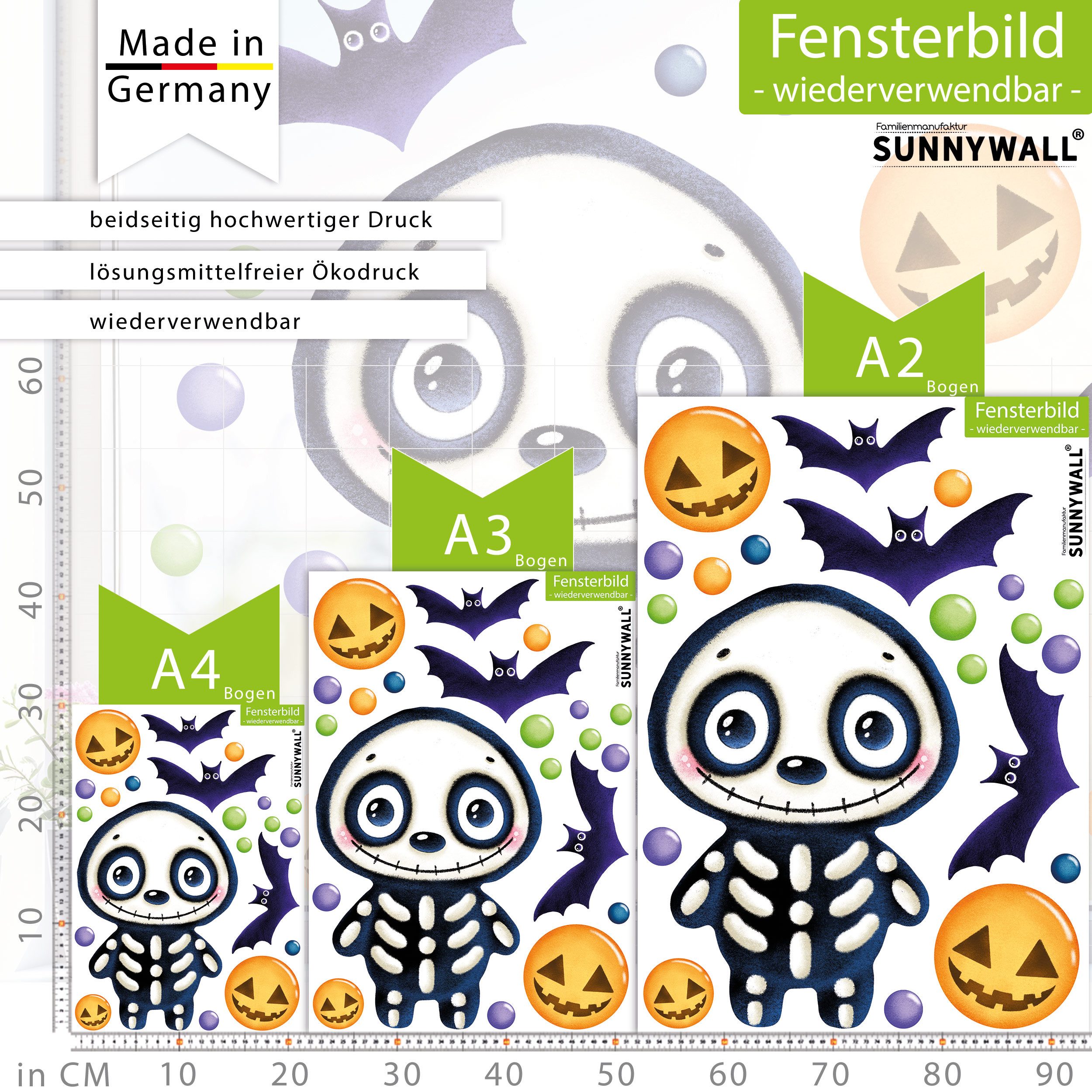 Sunnywall Fensterbild wiederverwendbare Fensterbilder Halloween Skelett, wiederverwendbar, statisch haftend, beidseitiger Druck