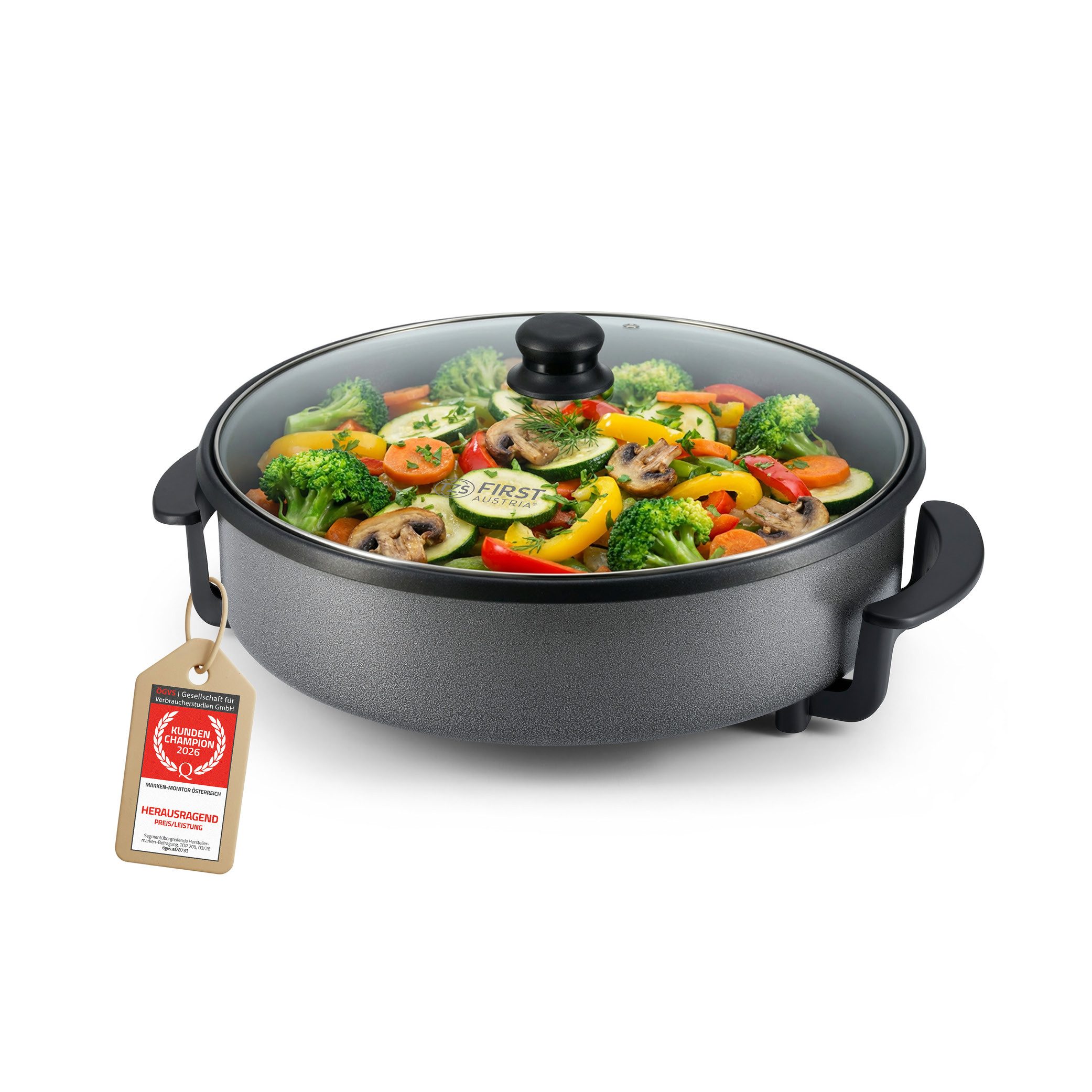 TZS FIRST AUSTRIA Elektrische Multipfanne 6,5L, 1500W, 5 Temperatureinstellungen, 240°C Thermostat & Glasdeckel, 1500 W, 40 cm, Partyfanne mit Antihaftbeschichtung, Aufheizleuchte